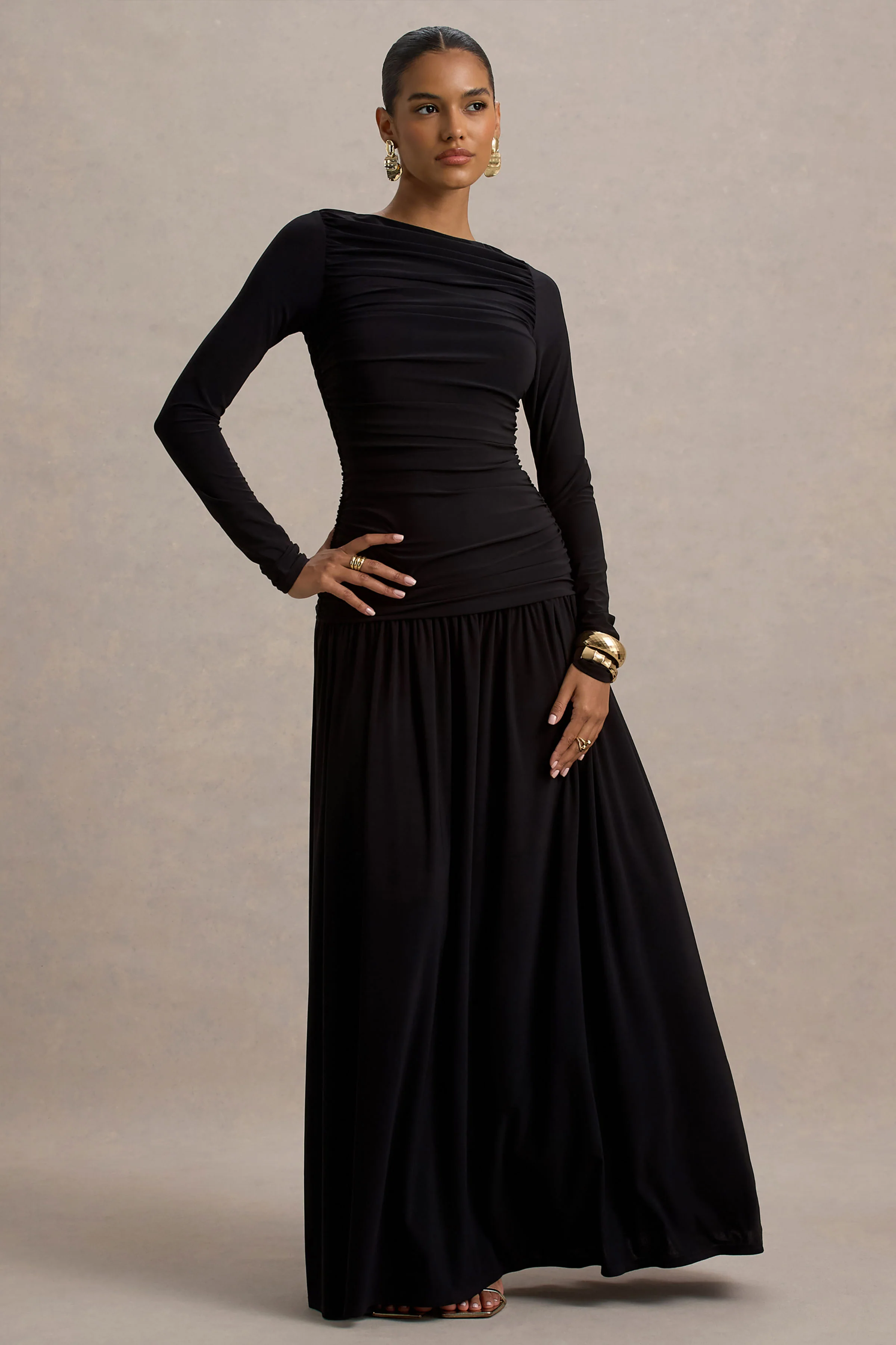 Aniyah | Black High-Neck Maxi Dress With Ruched Detailing - Image 4
