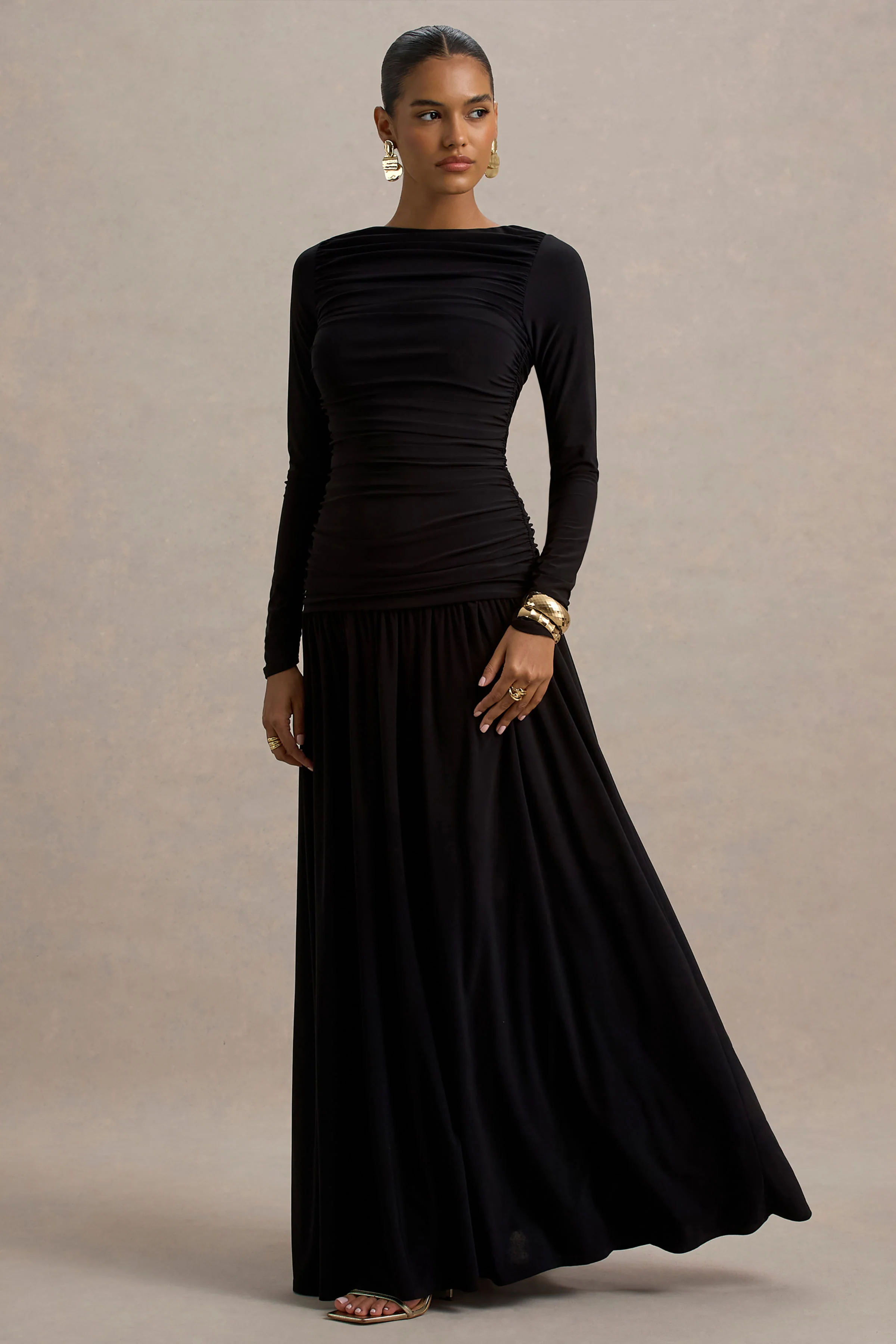 Aniyah | Black High-Neck Maxi Dress With Ruched Detailing - Image 5