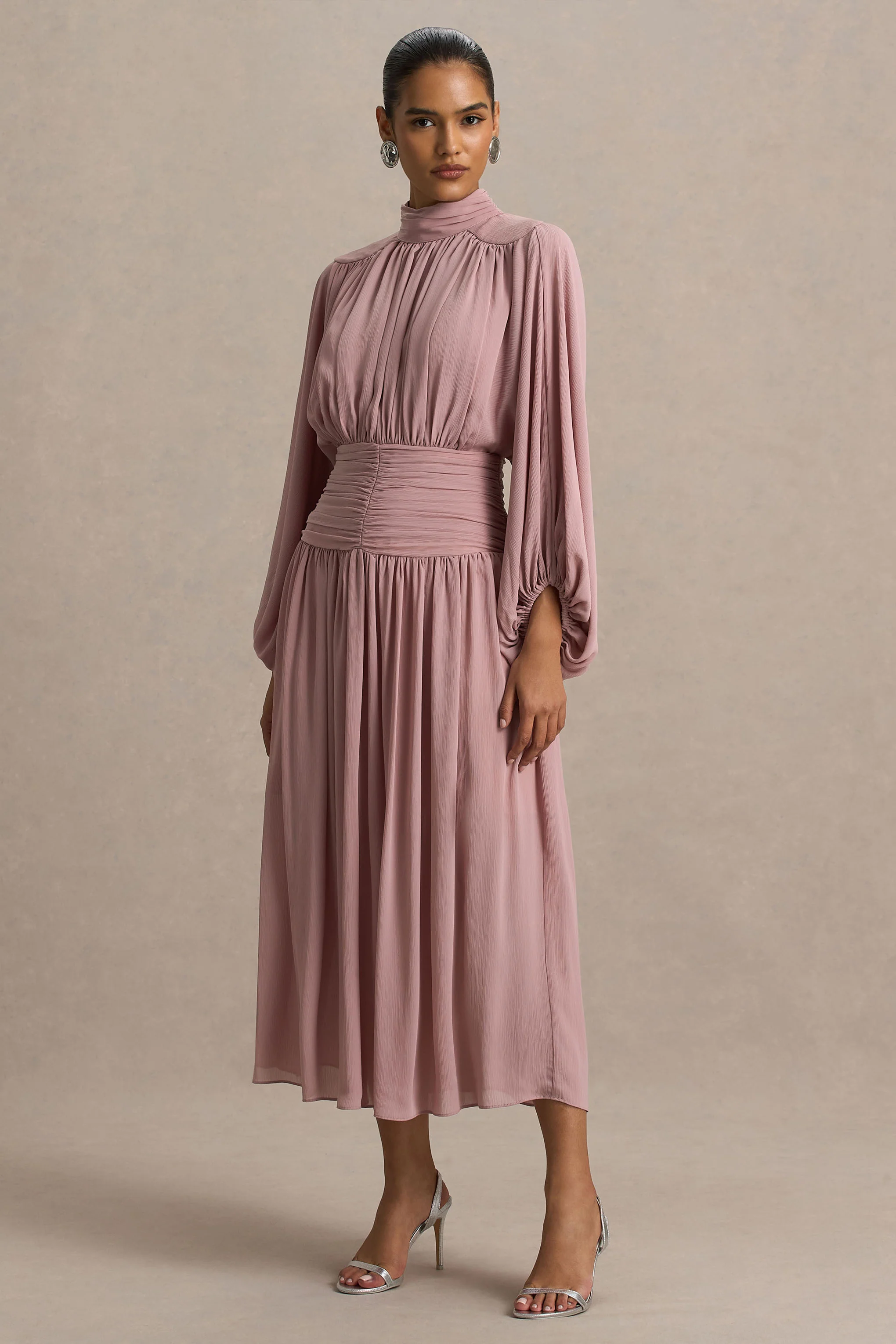 Annabel | Dusty Pink High-Neck Midi Dress With Drop-Waist And Pleated Detailing - Image 4