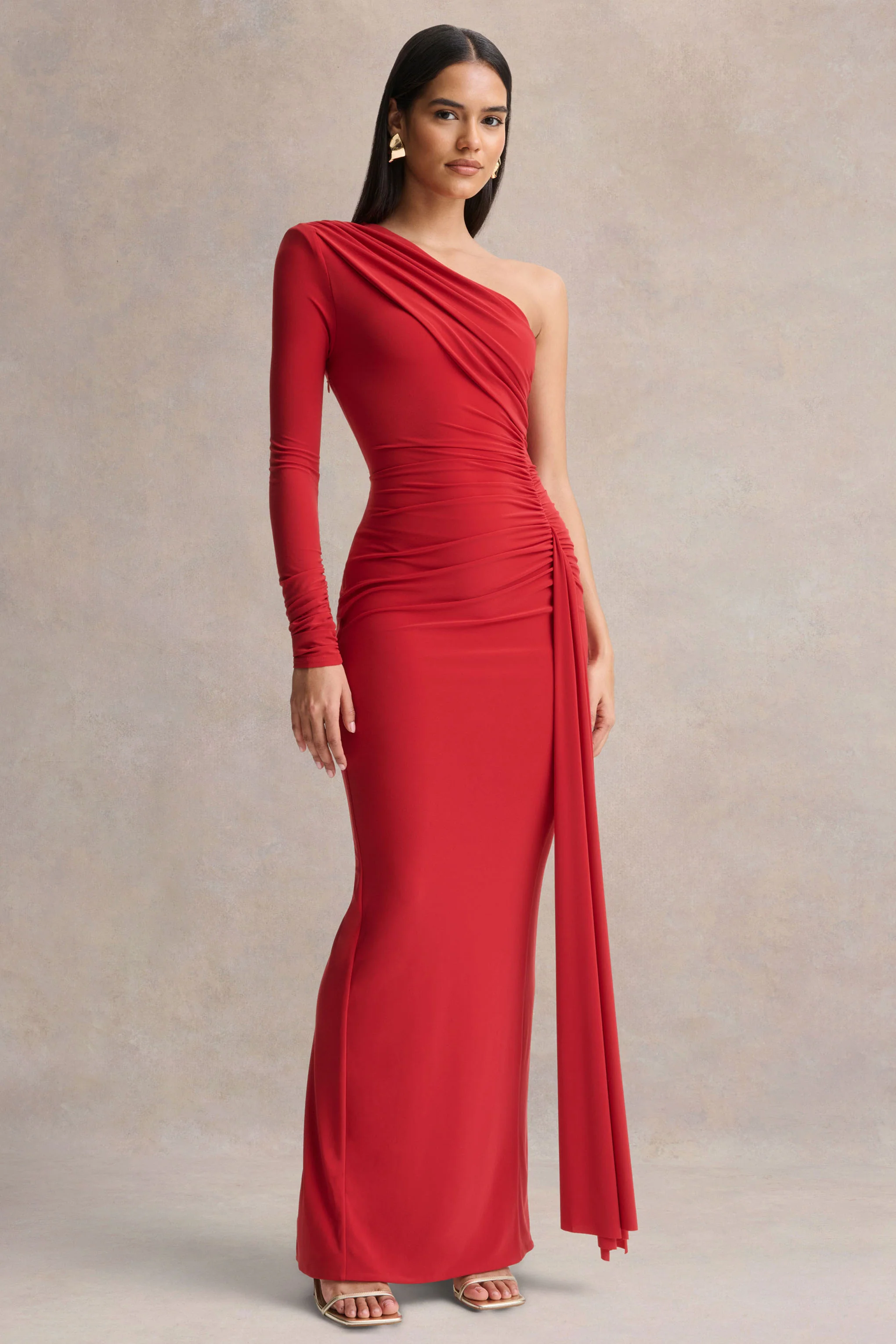 Anne | Red Asymmetric-Neck Wrapped Maxi Dress With Sash - Image 4