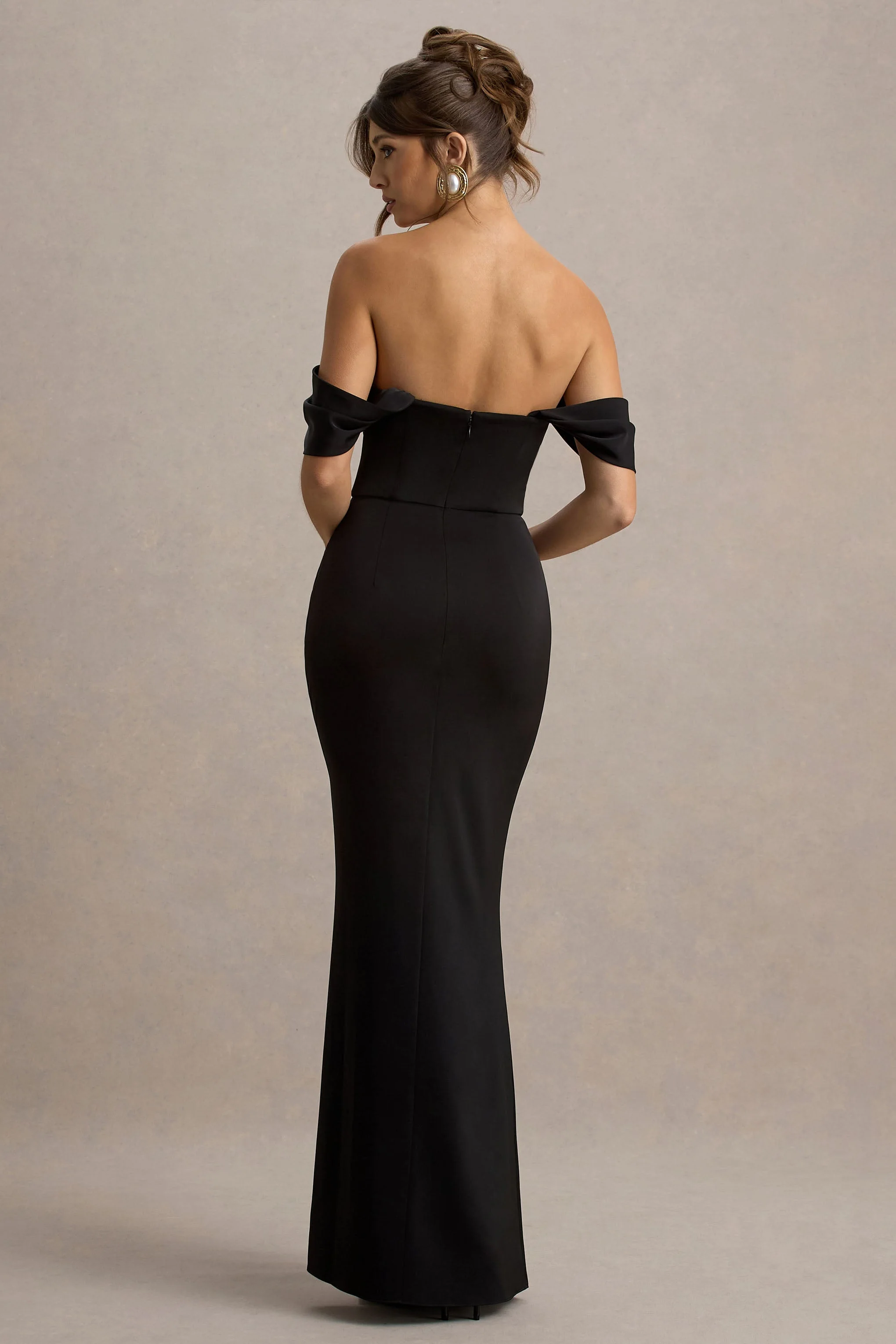 Annie | Black Satin Bardot Maxi Dress With Split Wrap Skirt - Image 2