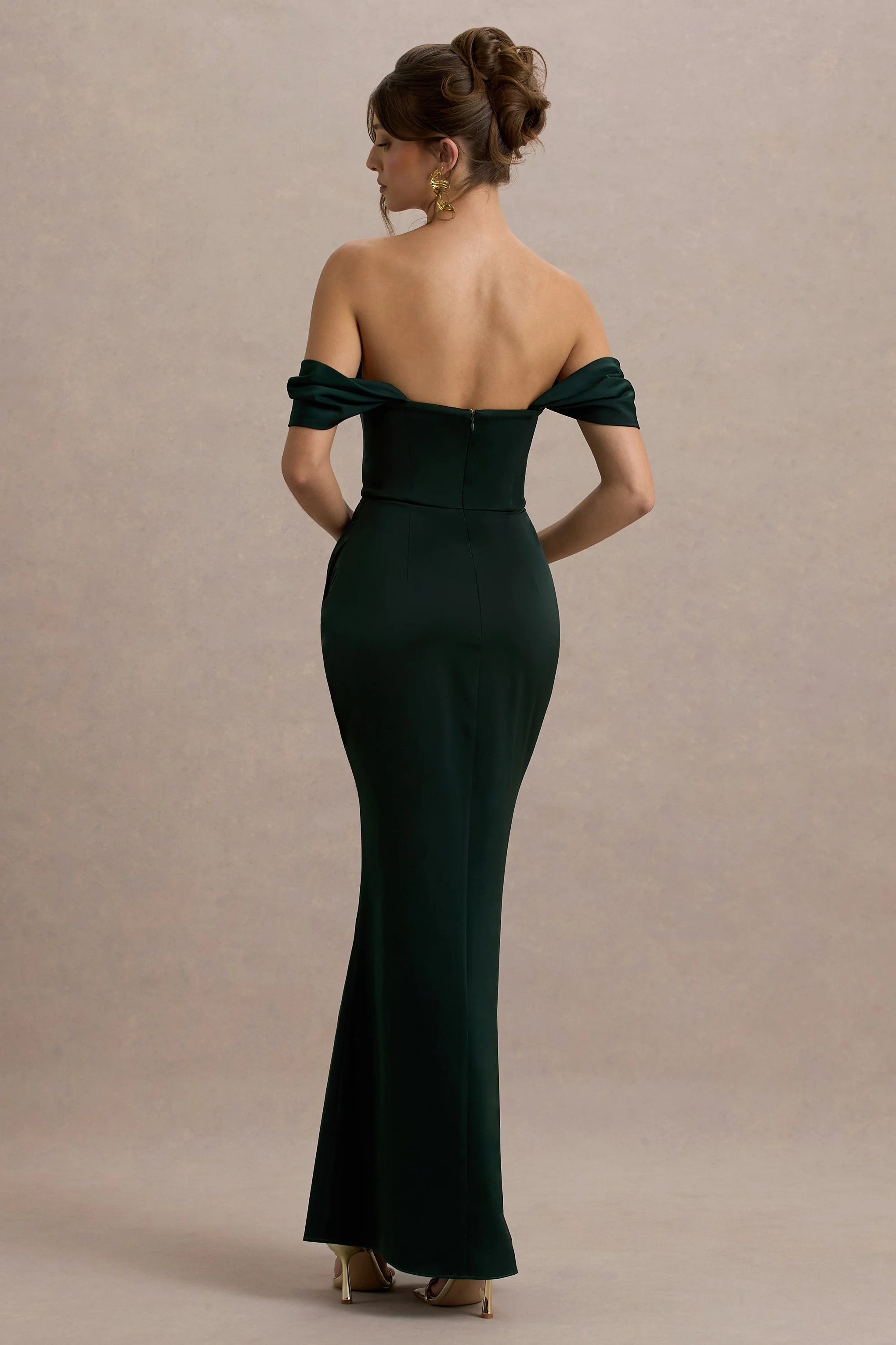 Annie | Bottle Green Satin Bardot Maxi Dress With Split Wrap Skirt - Image 2