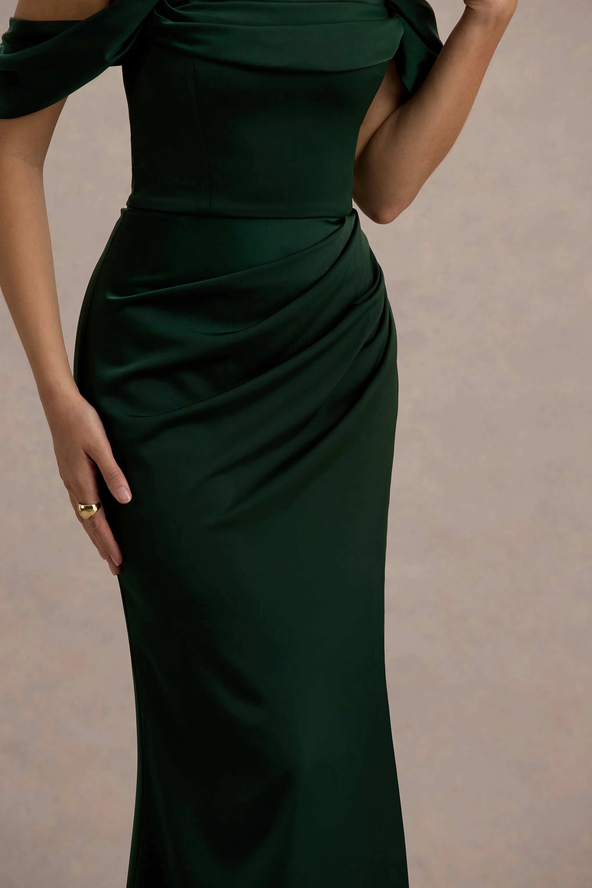 Annie | Bottle Green Satin Bardot Maxi Dress With Split Wrap Skirt - Image 7
