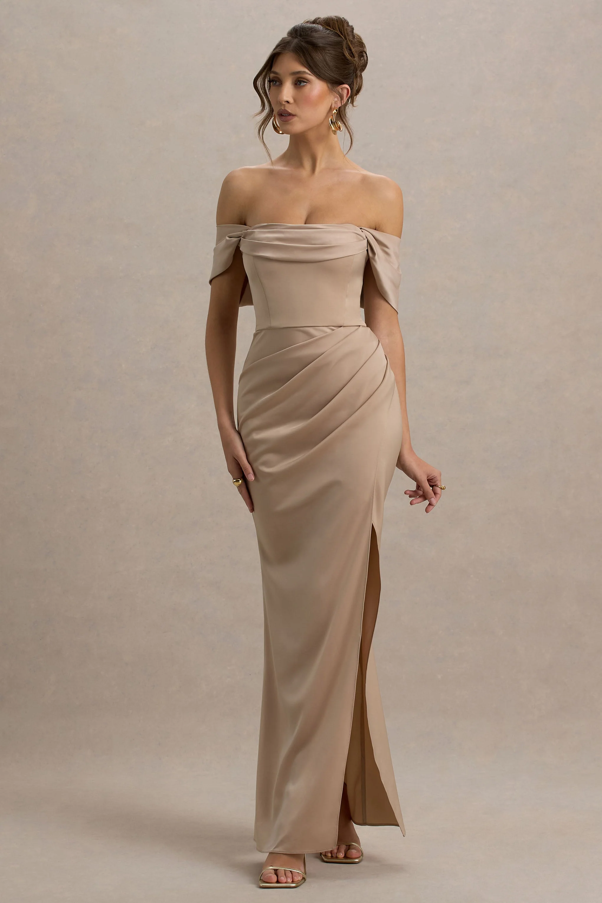 Annie | Champagne Satin Bardot Maxi Dress With Split Wrap Skirt - Image 4