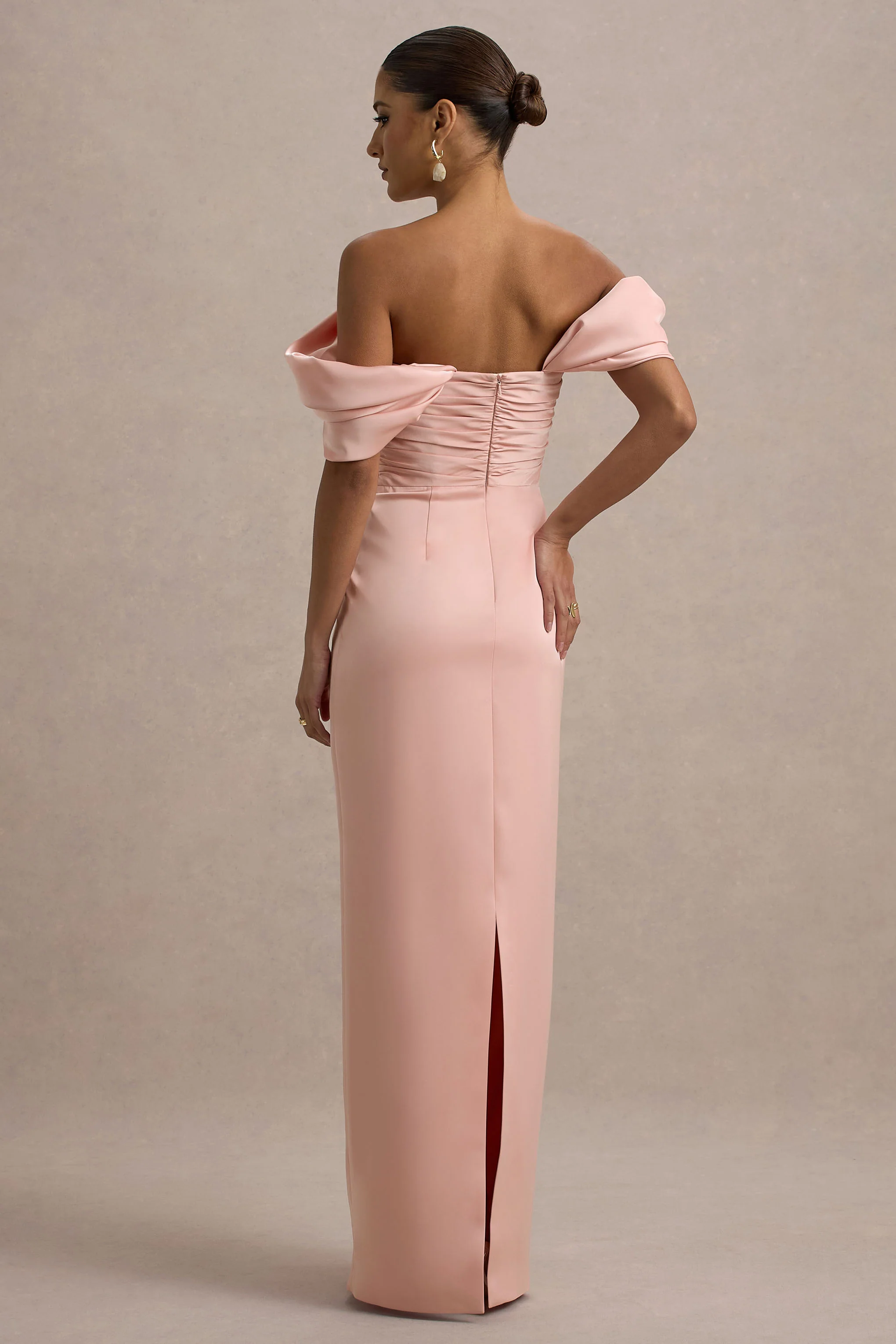Annita | Light Pink Satin Bardot Maxi Dress - Image 2