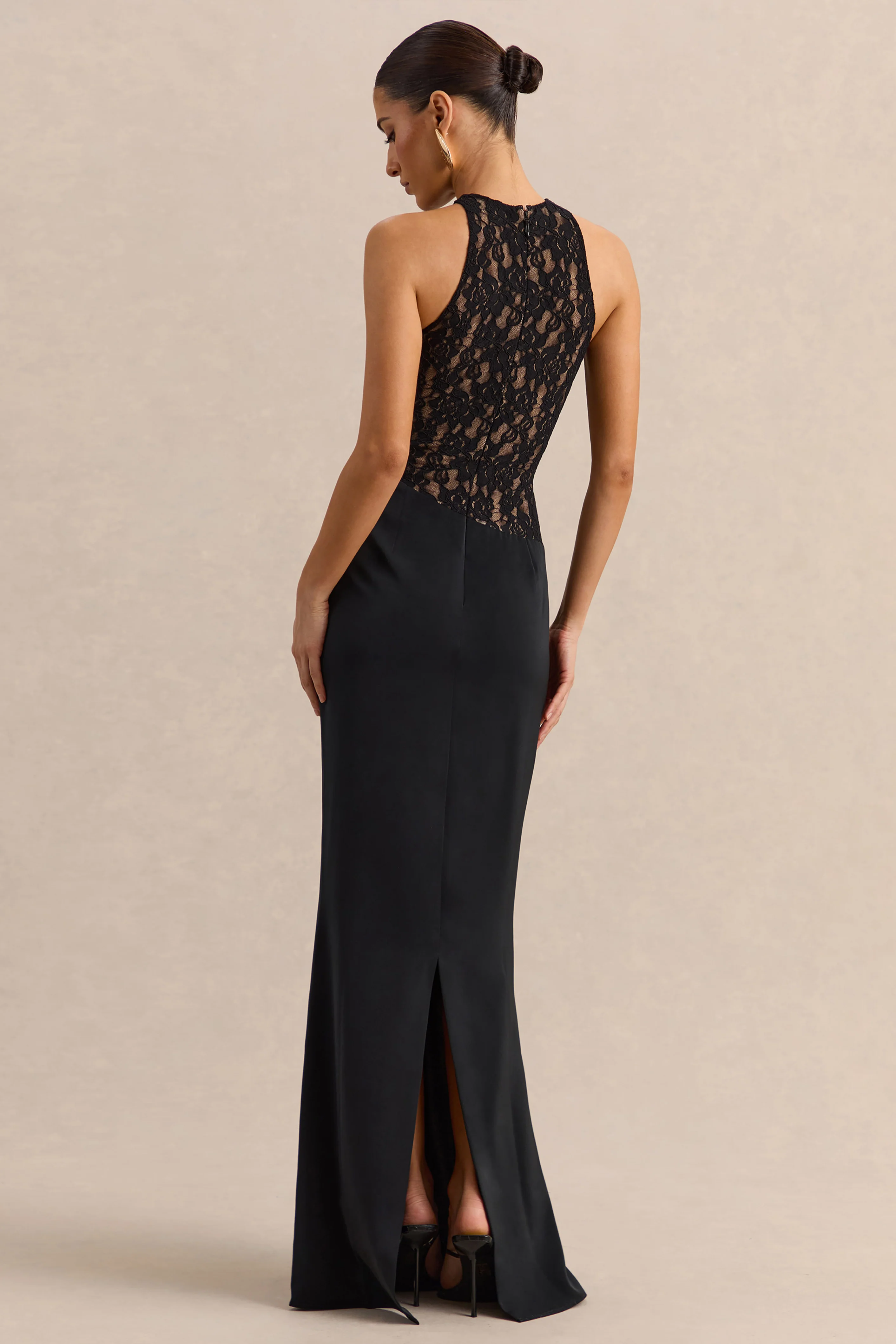 Anthelia | Black Lace And Satin Racer-Neck Maxi Dress With Draped-Detail - Image 2