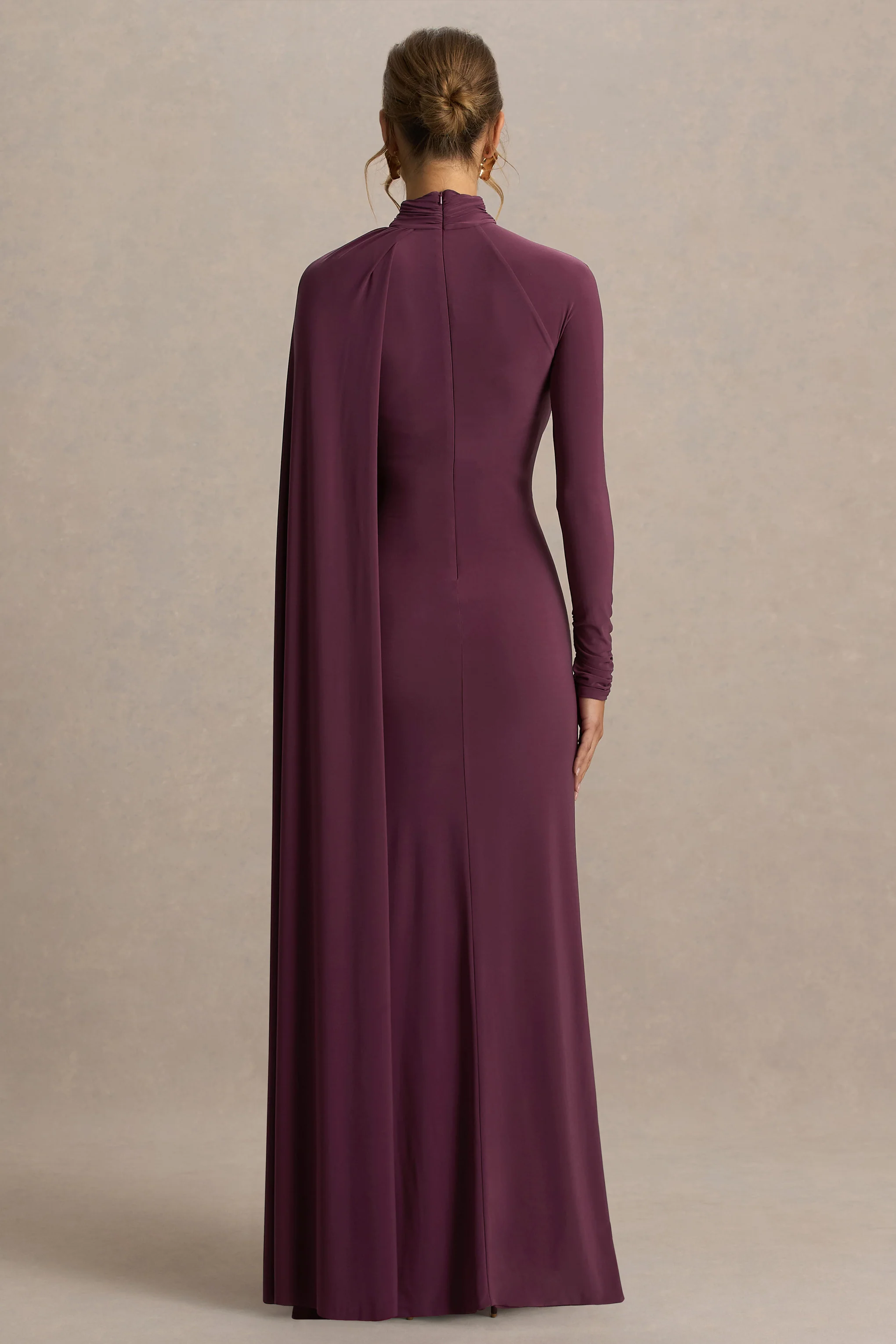 Anticipation | Burgundy High-Neck Maxi Dress With Front Split And Ruched Detailing - Image 3