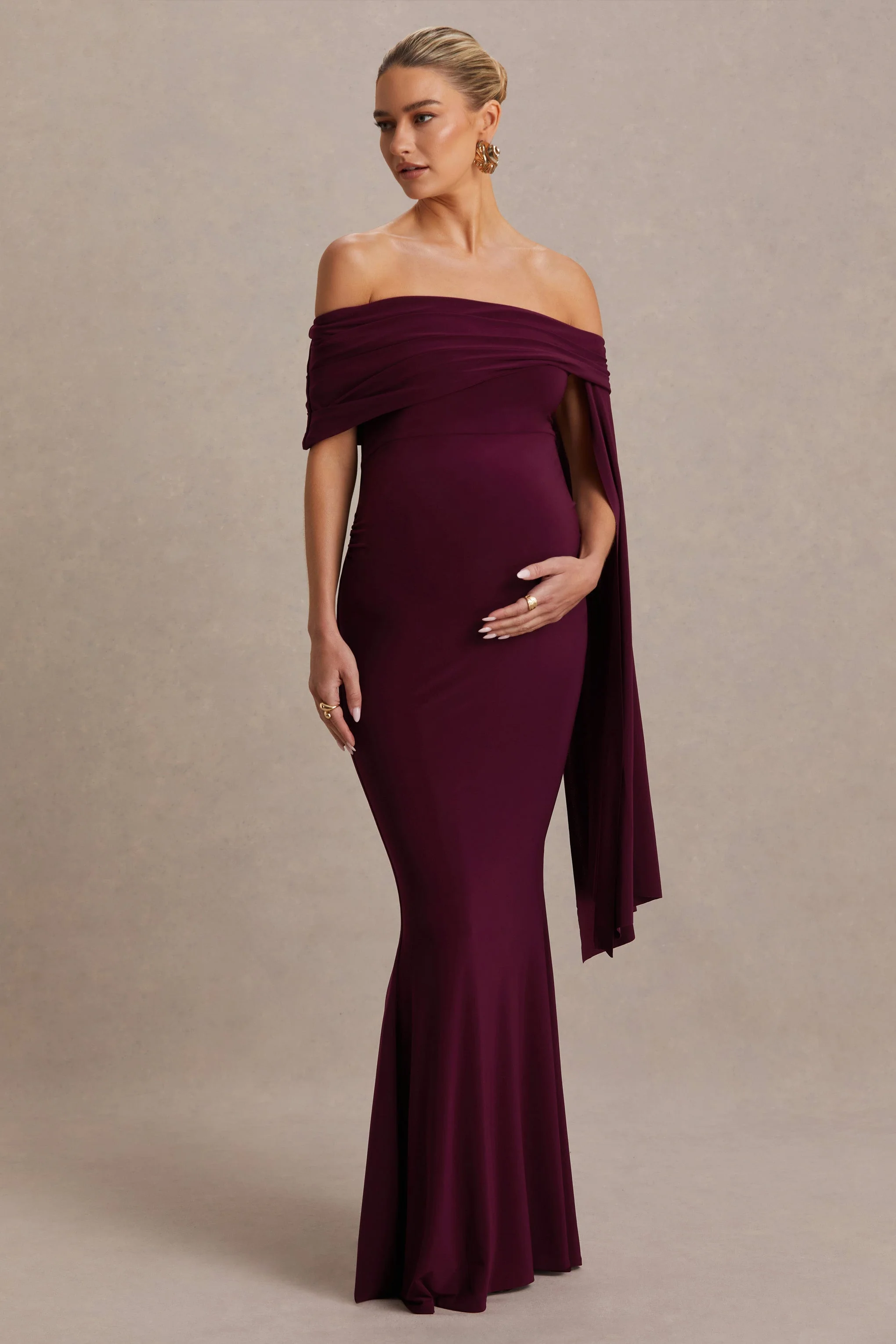 Aquila | Burgundy Bardot Maternity Maxi Dress With Draped Detail - Image 3