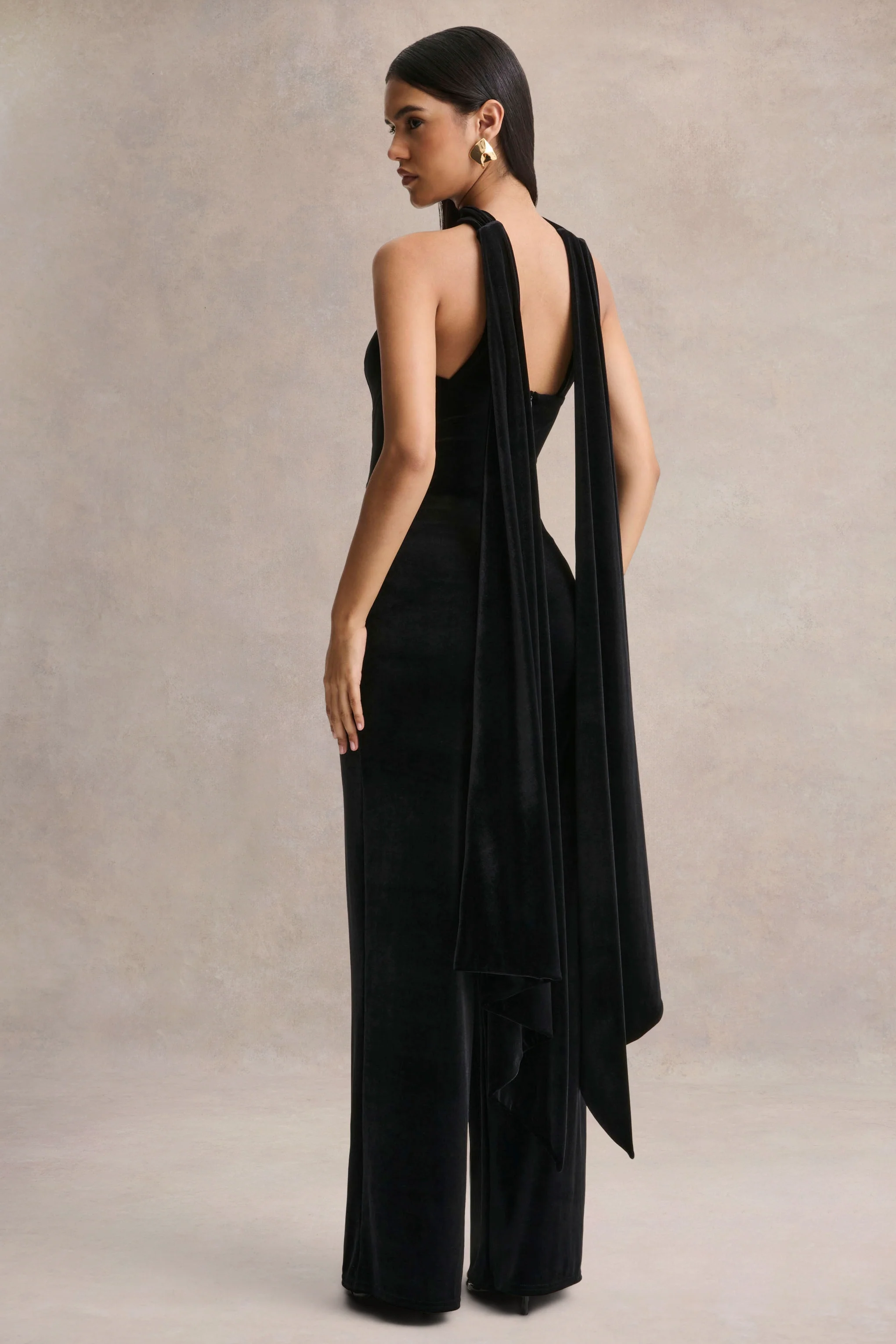 Arcane | Black Velvet Bandeau Jumpsuit With Scarf - Image 2