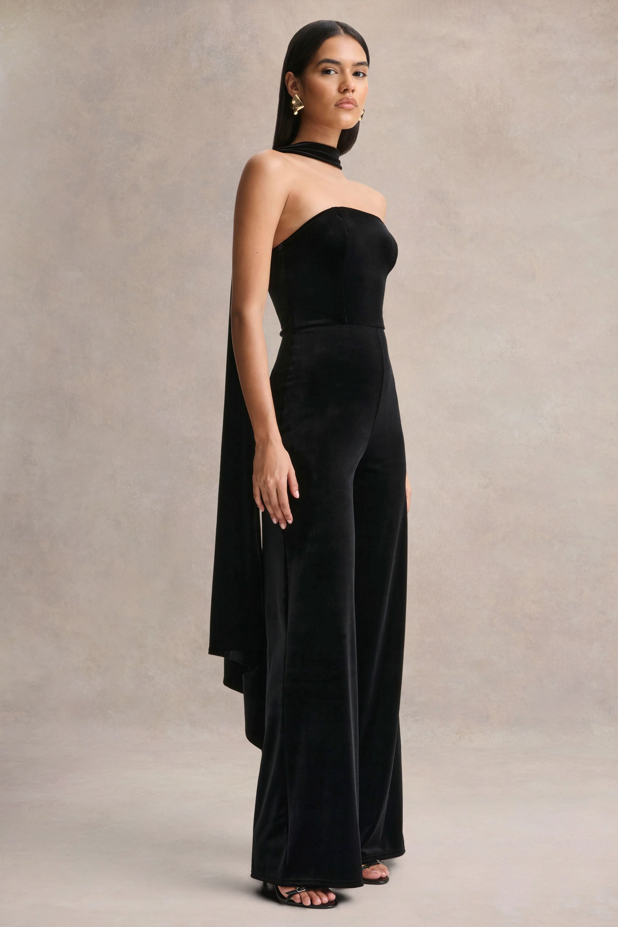 Arcane | Black Velvet Bandeau Jumpsuit With Scarf - Image 4