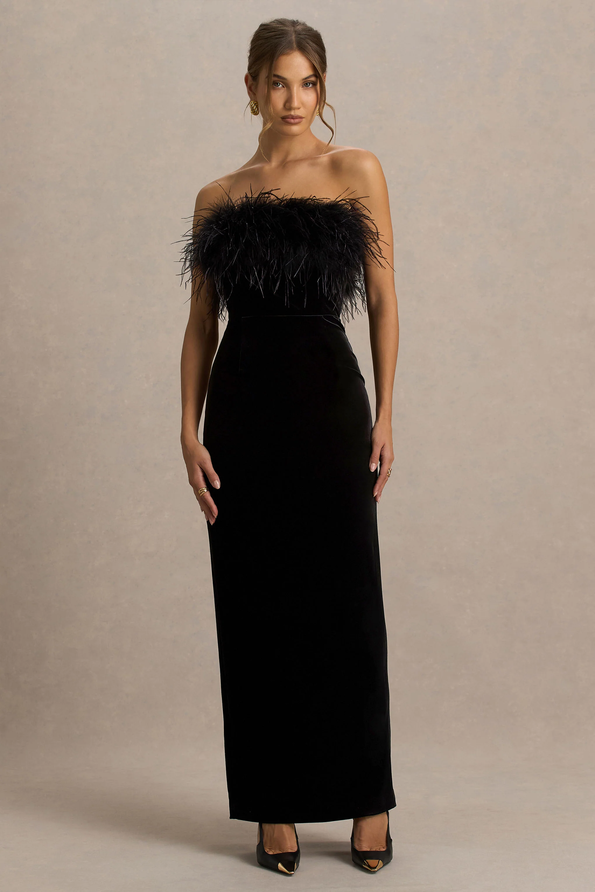Arella | Black Velvet Bardot-Neck Maxi Dress With Feather Trim