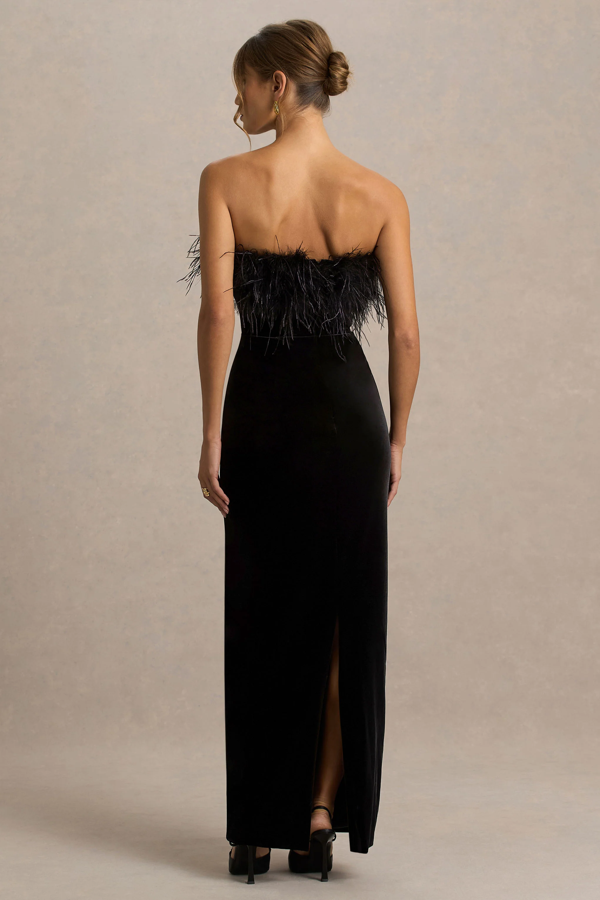 Arella | Black Velvet Bardot-Neck Maxi Dress With Feather Trim - Image 2