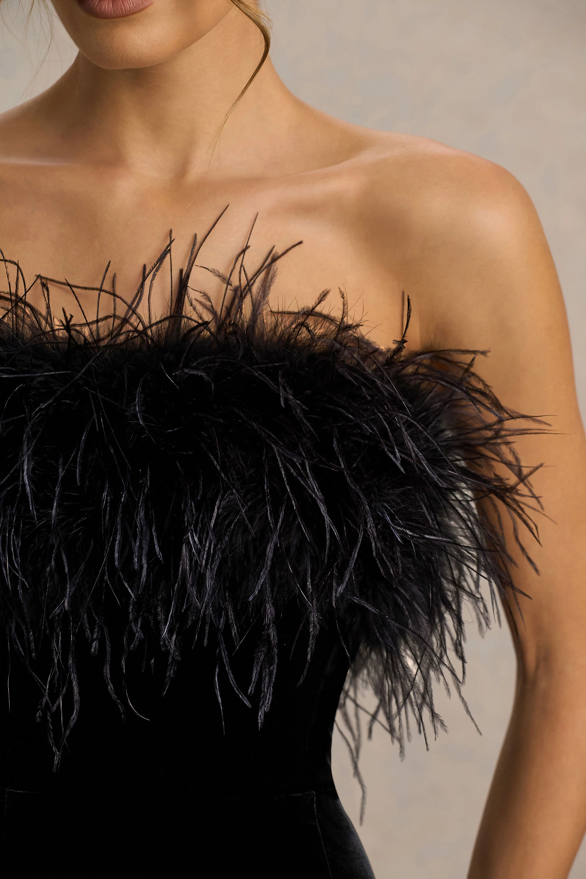 Arella | Black Velvet Bardot-Neck Maxi Dress With Feather Trim - Image 3