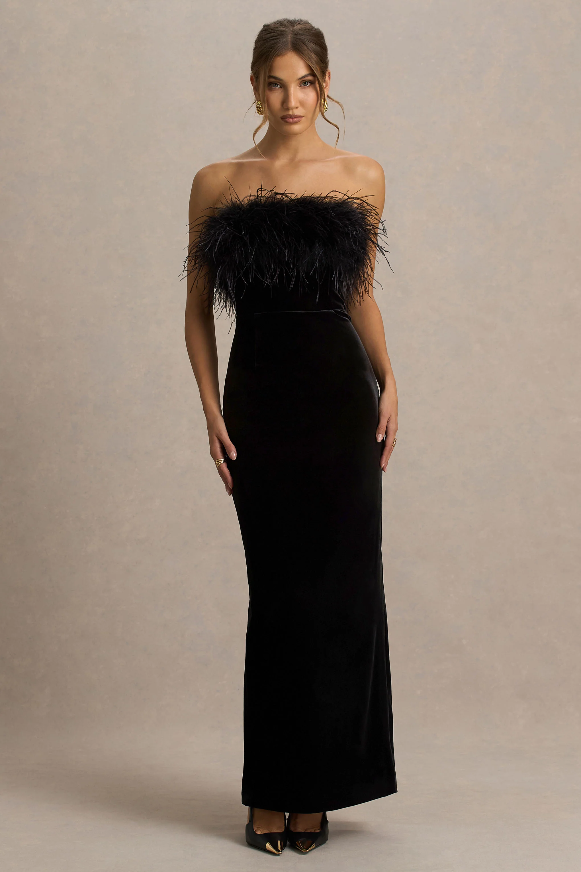 Arella | Black Velvet Bardot-Neck Maxi Dress With Feather Trim - Image 4