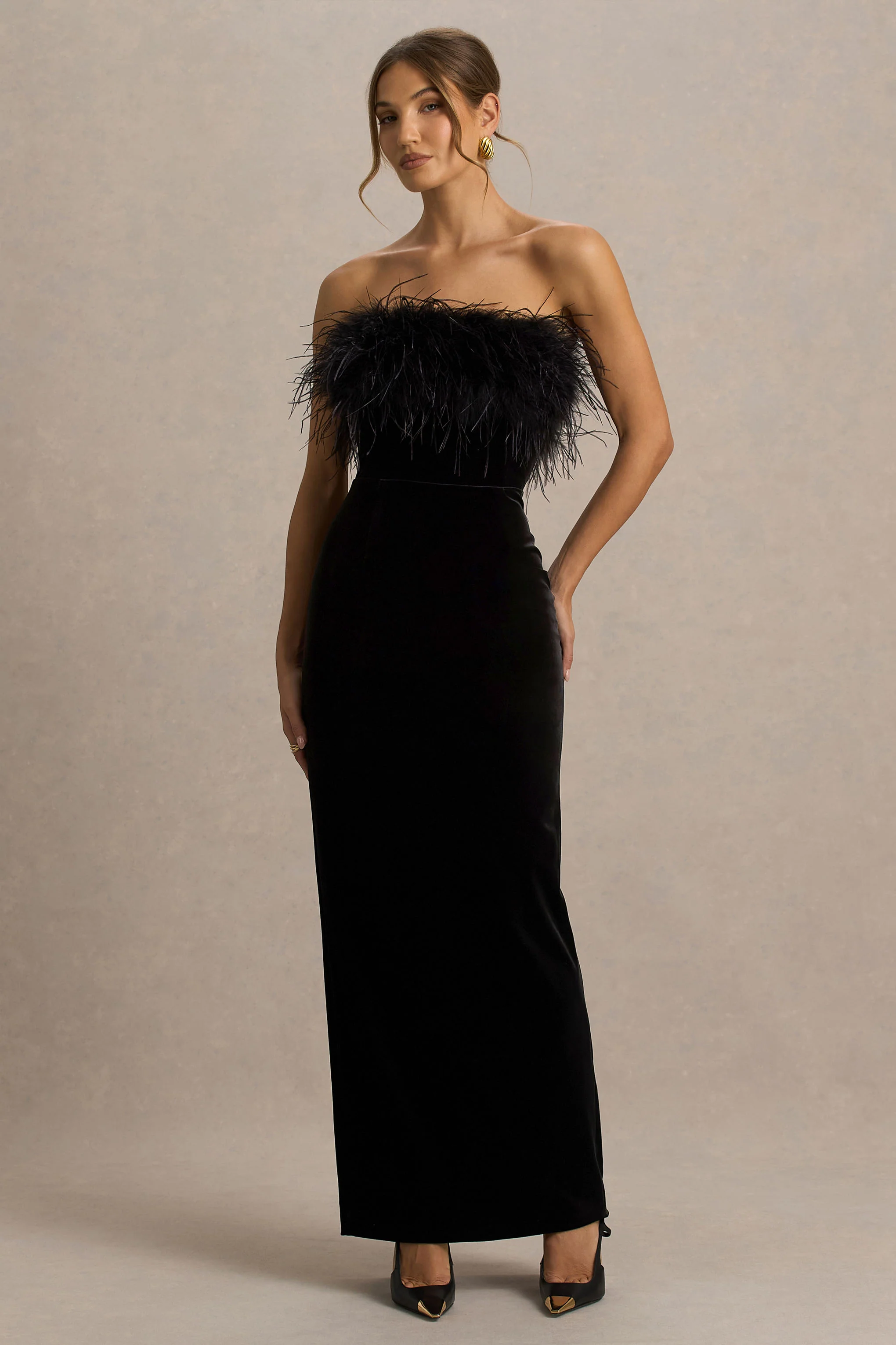 Arella | Black Velvet Bardot-Neck Maxi Dress With Feather Trim - Image 5