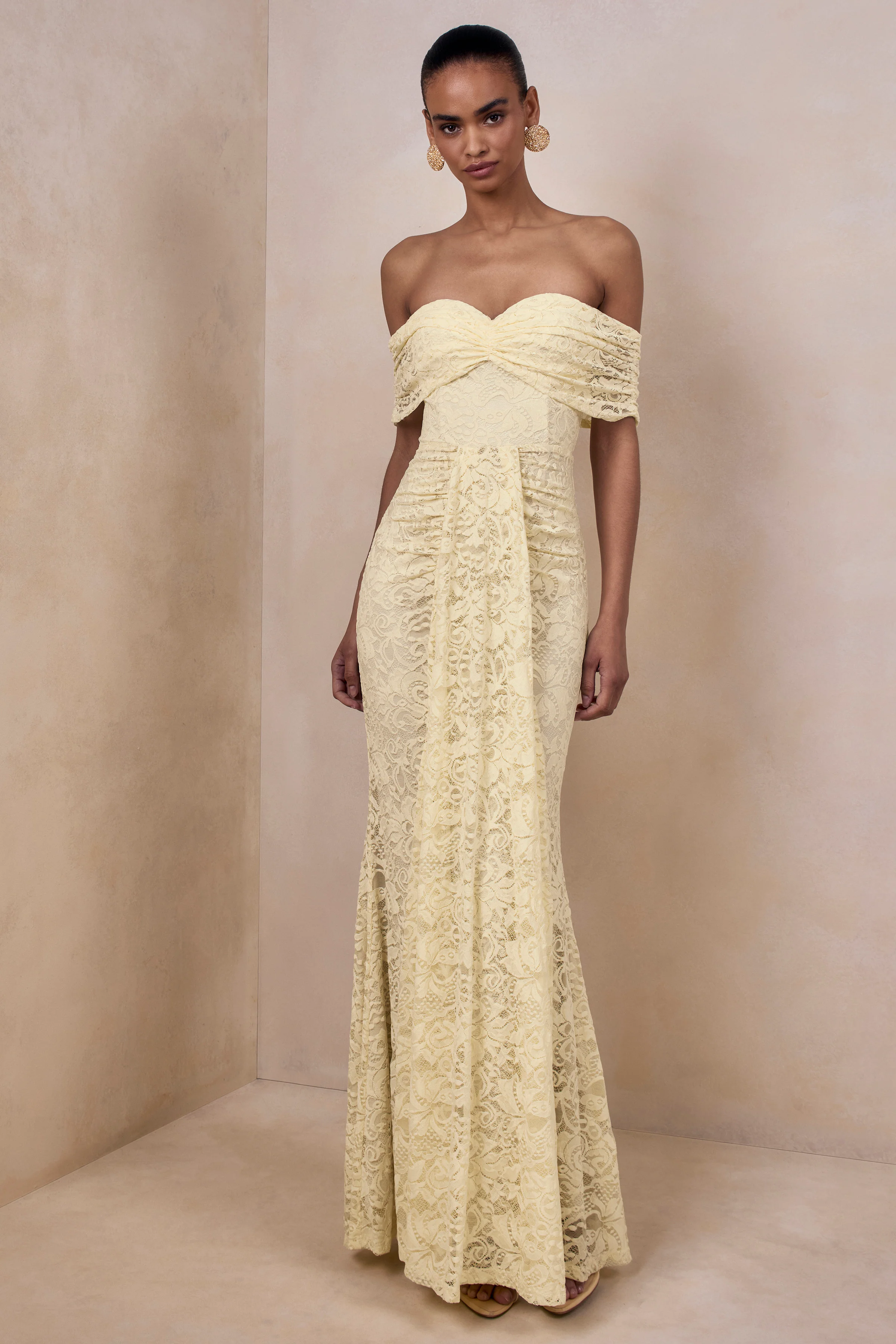 Aries | Lemon Lace Bardot-Neck Maxi Dress With Gathered Detailing