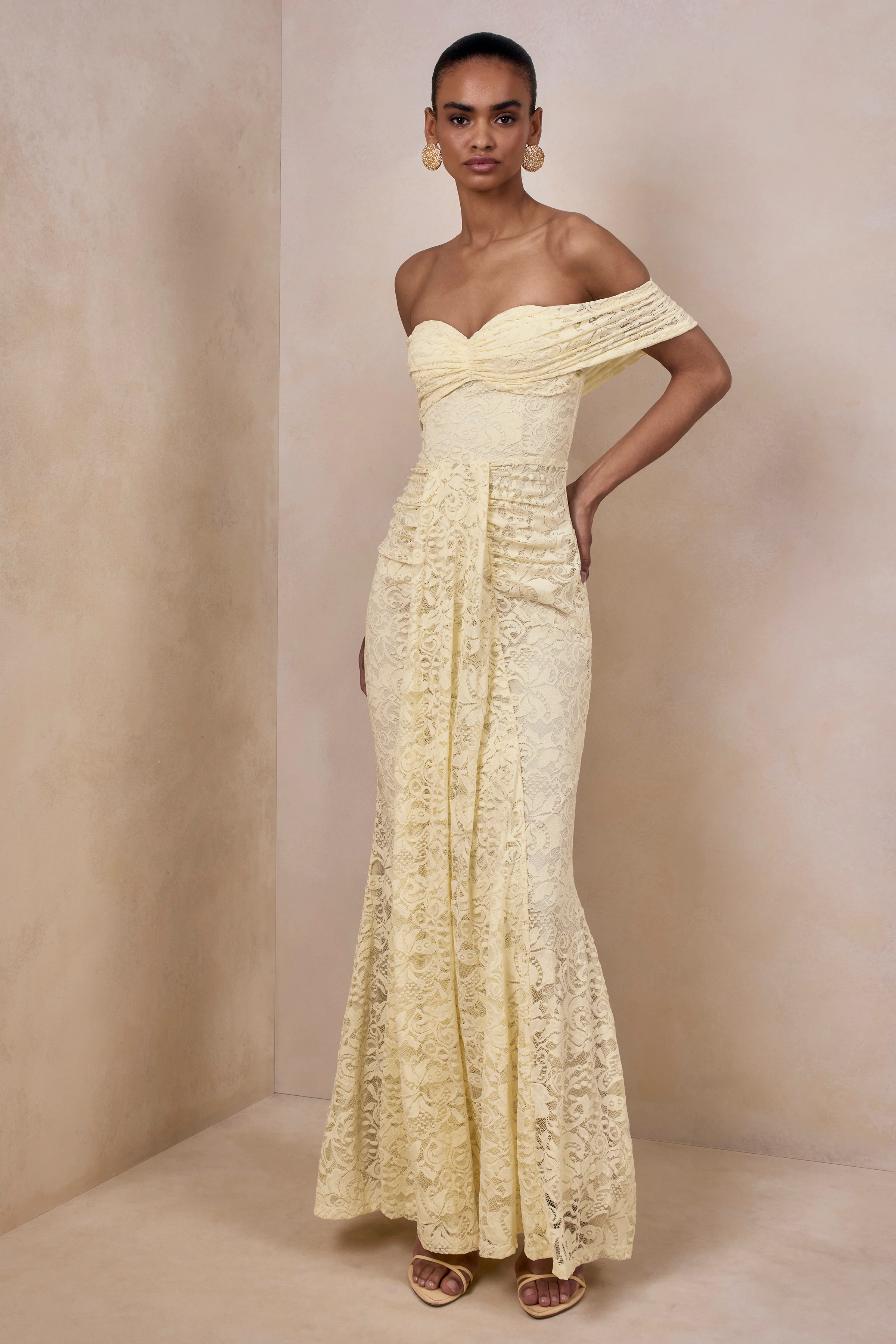 Aries | Lemon Lace Bardot-Neck Maxi Dress With Gathered Detailing - Image 5