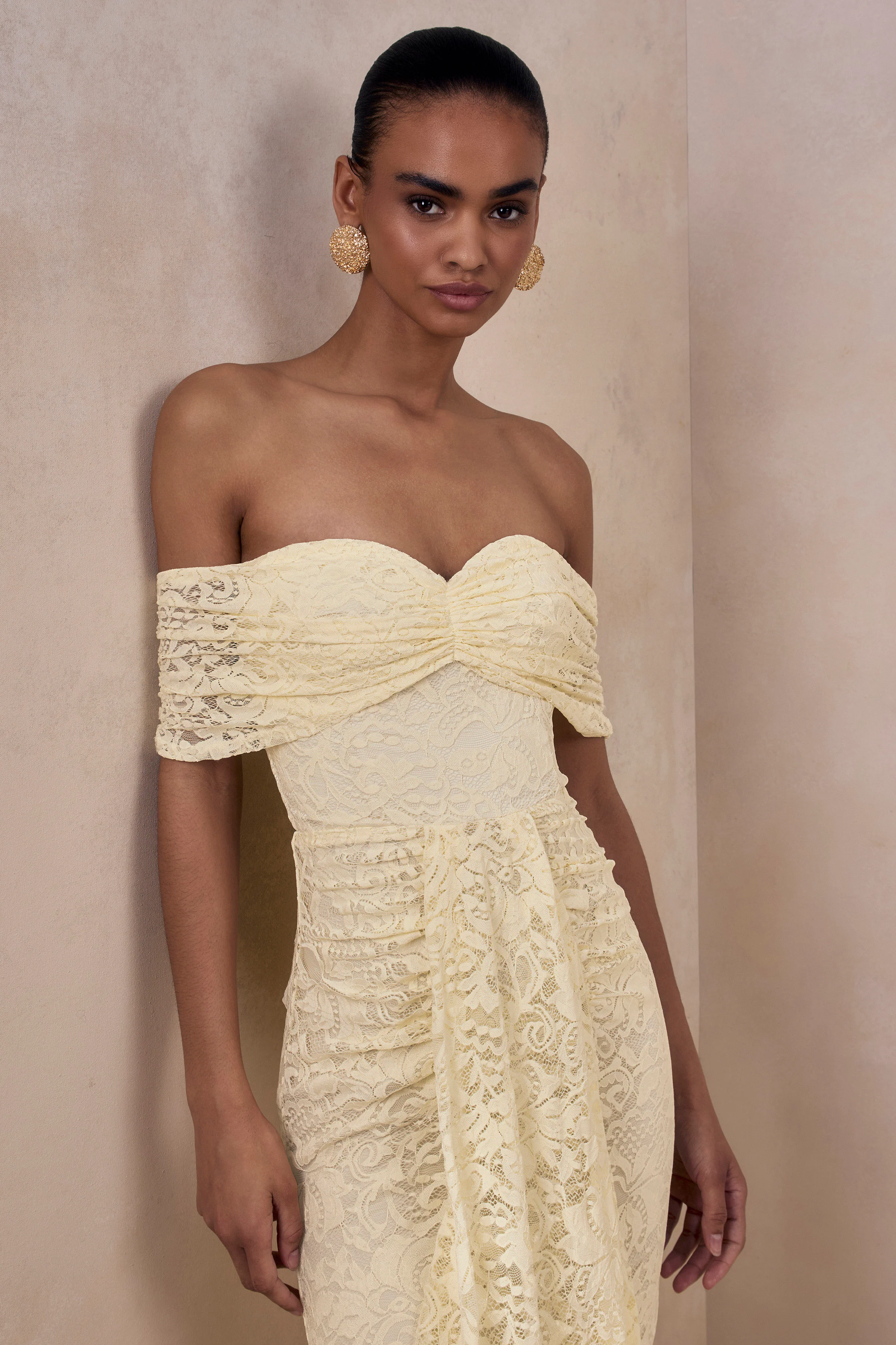 Aries | Lemon Lace Bardot-Neck Maxi Dress With Gathered Detailing - Image 6
