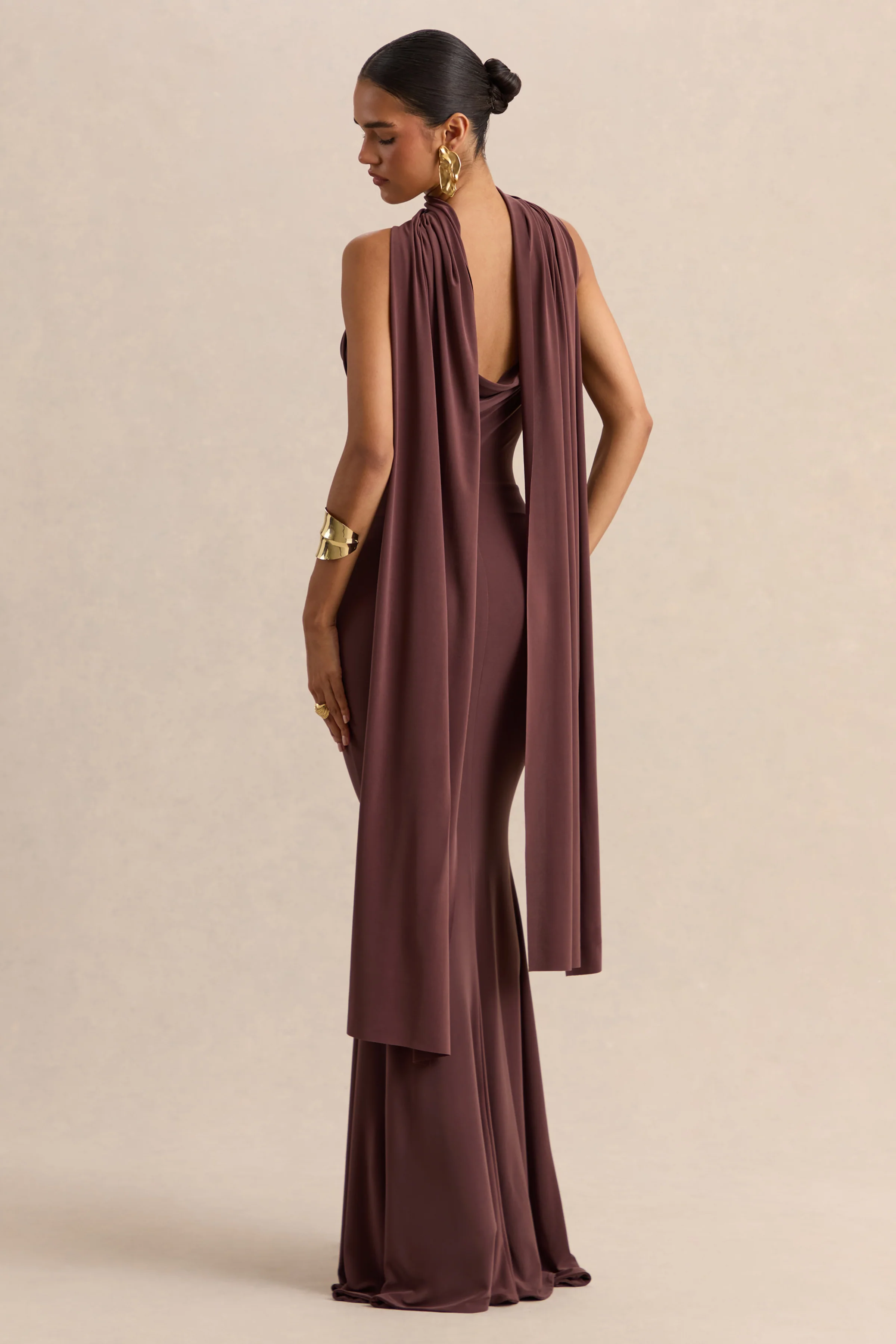 Armelia | Brown Cowl-Neck Maxi Dress With Scarf-Detail - Image 2
