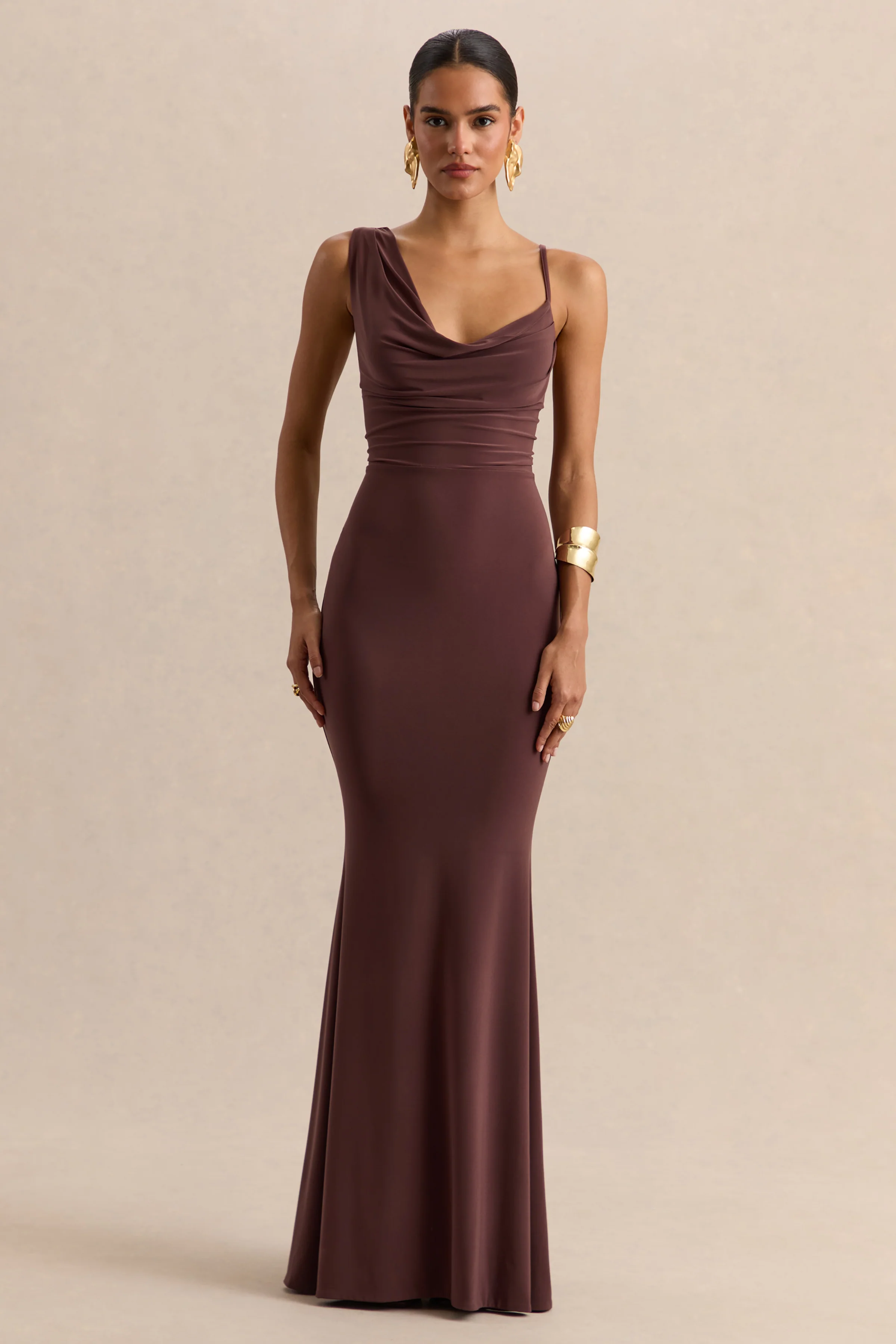 Armelia | Brown Cowl-Neck Maxi Dress With Scarf-Detail - Image 4