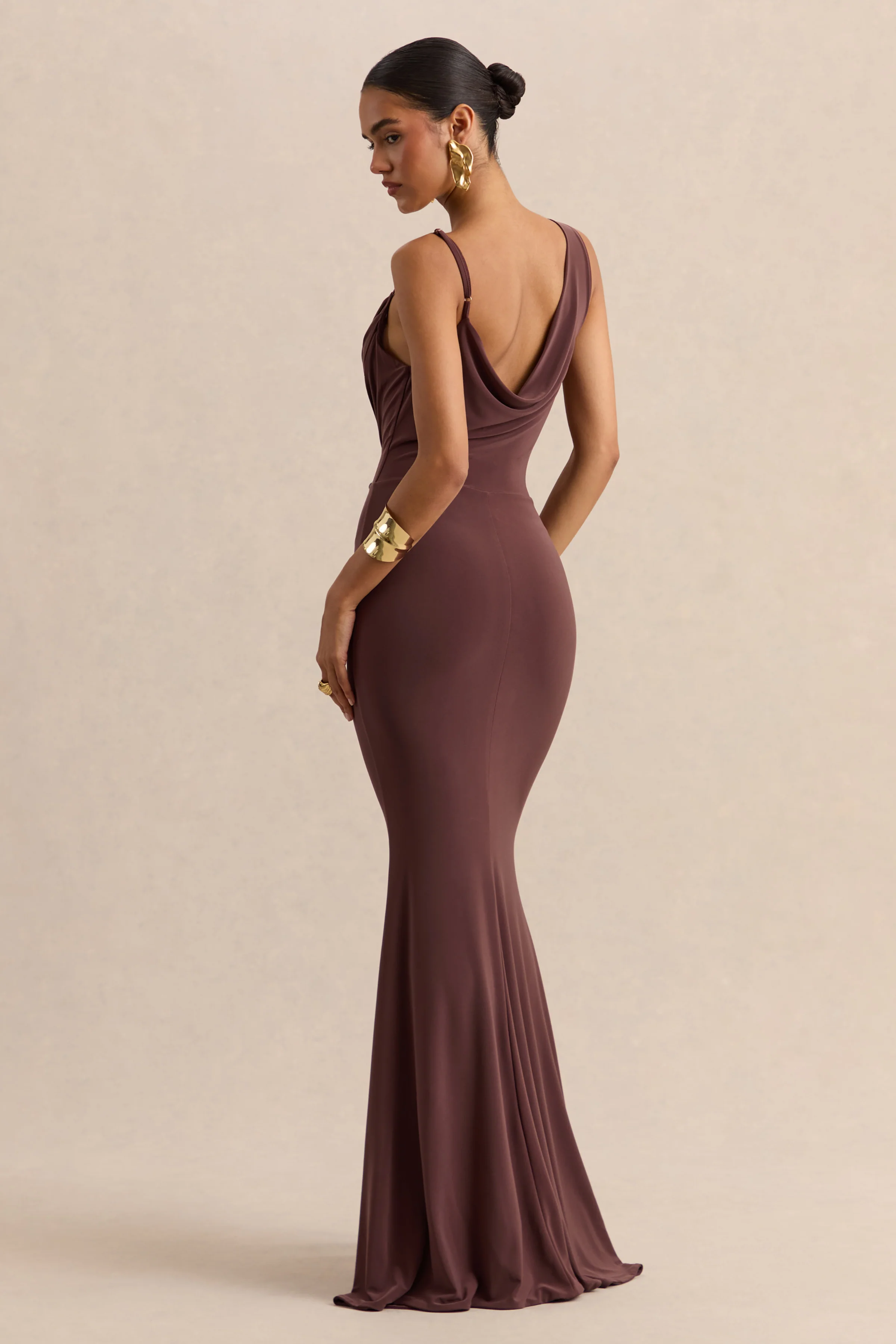 Armelia | Brown Cowl-Neck Maxi Dress With Scarf-Detail - Image 5