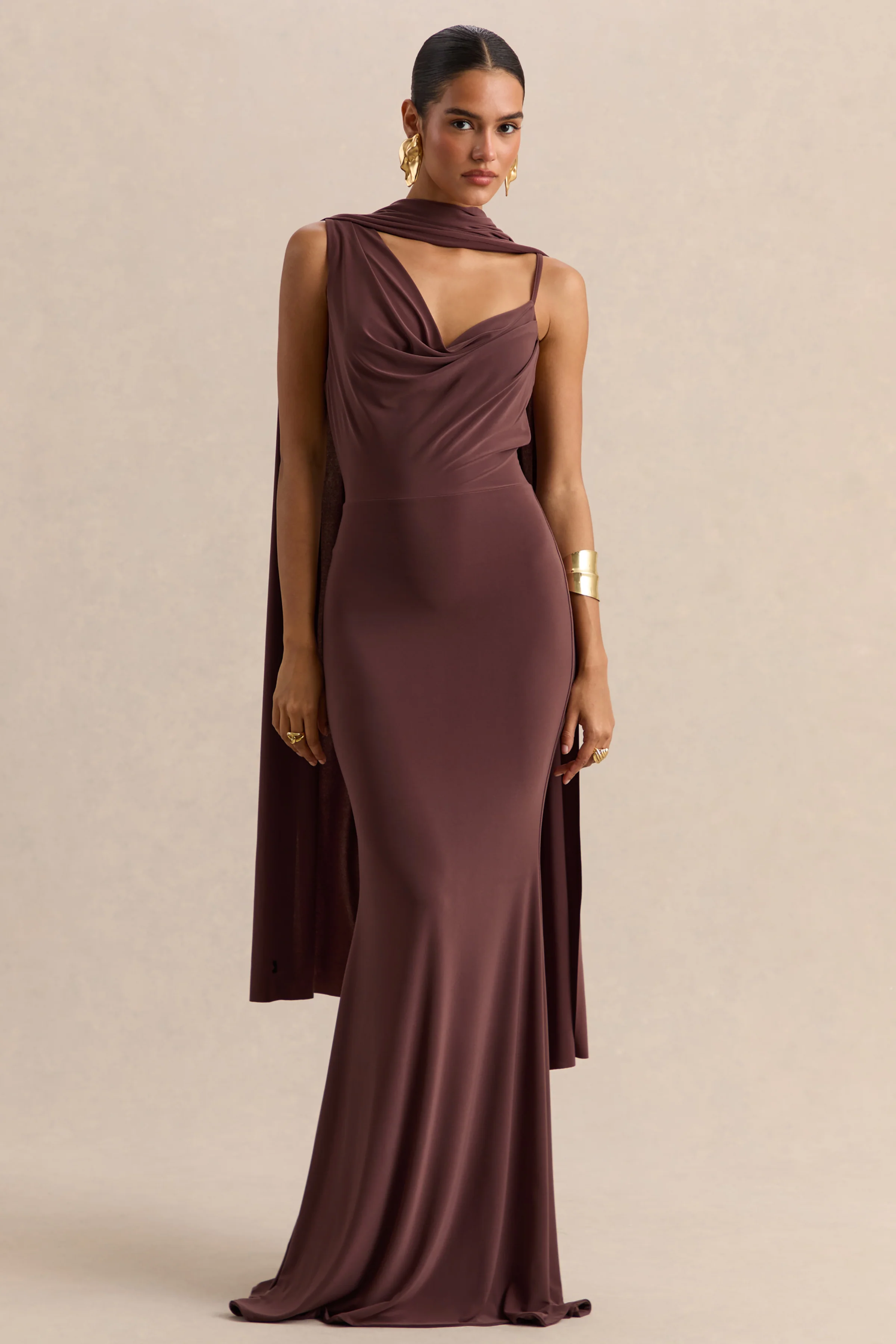 Armelia | Brown Cowl-Neck Maxi Dress With Scarf-Detail - Image 6