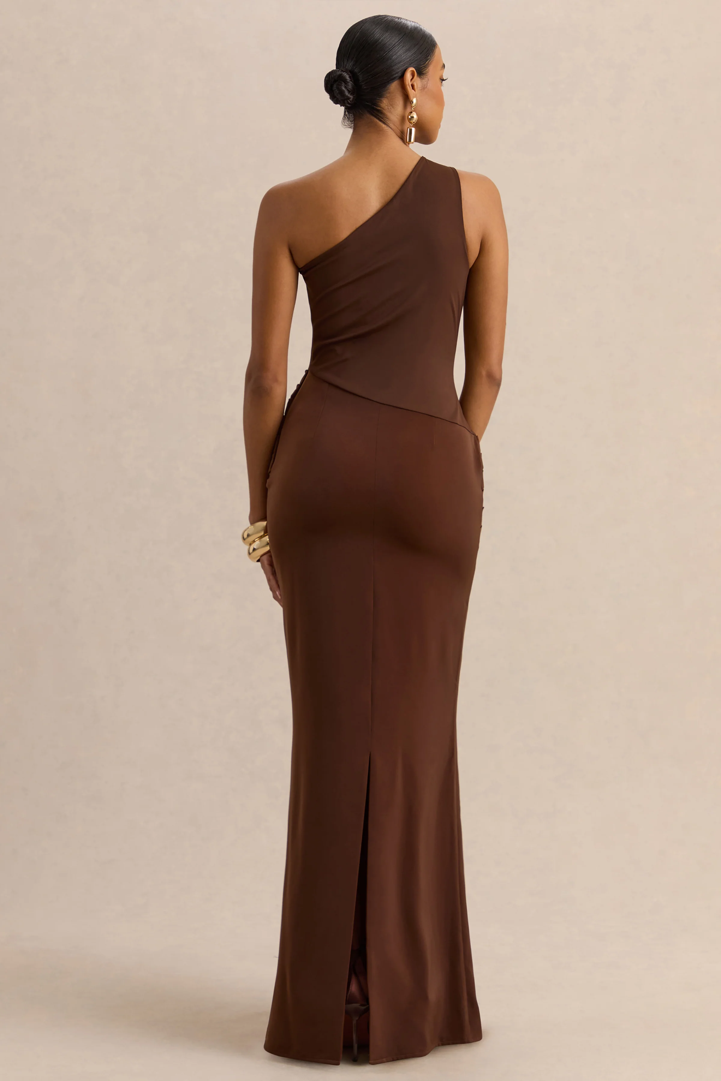 Arovia | Brown Satin Asymmetric-Neck Maxi Dress With Draped-Detail - Image 2