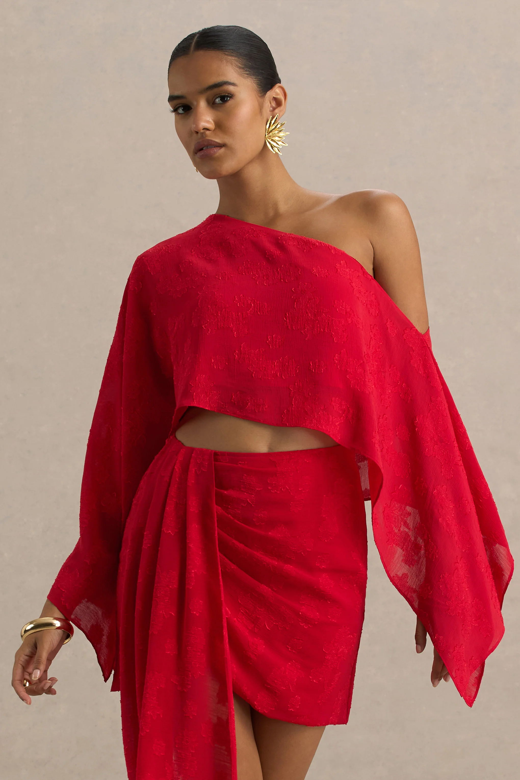 Aruba | Red Satin Devore Asymmetric Long-Sleeve Crop Top - Image 8