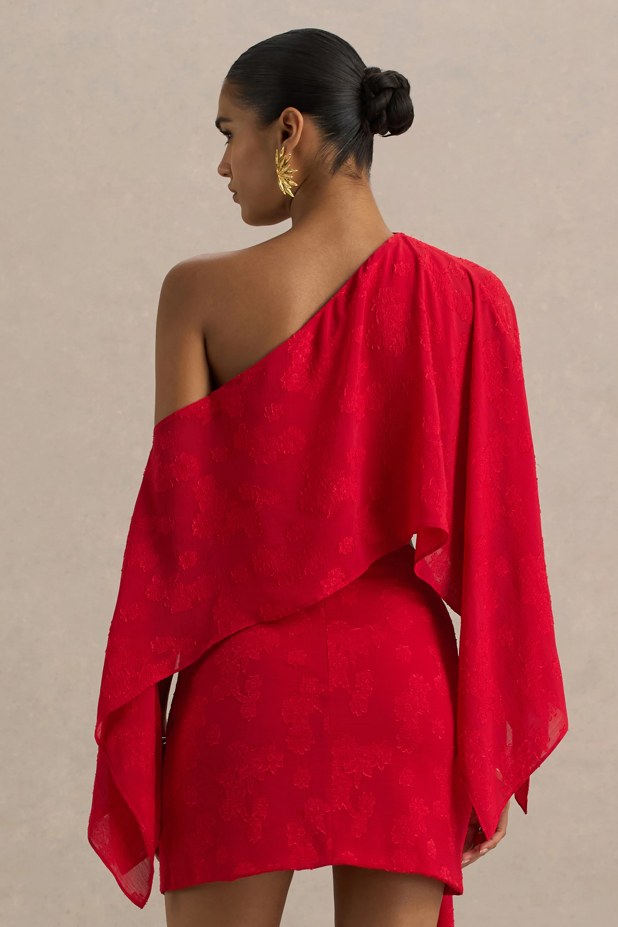 Aruba | Red Satin Devore Asymmetric Long-Sleeve Crop Top - Image 9