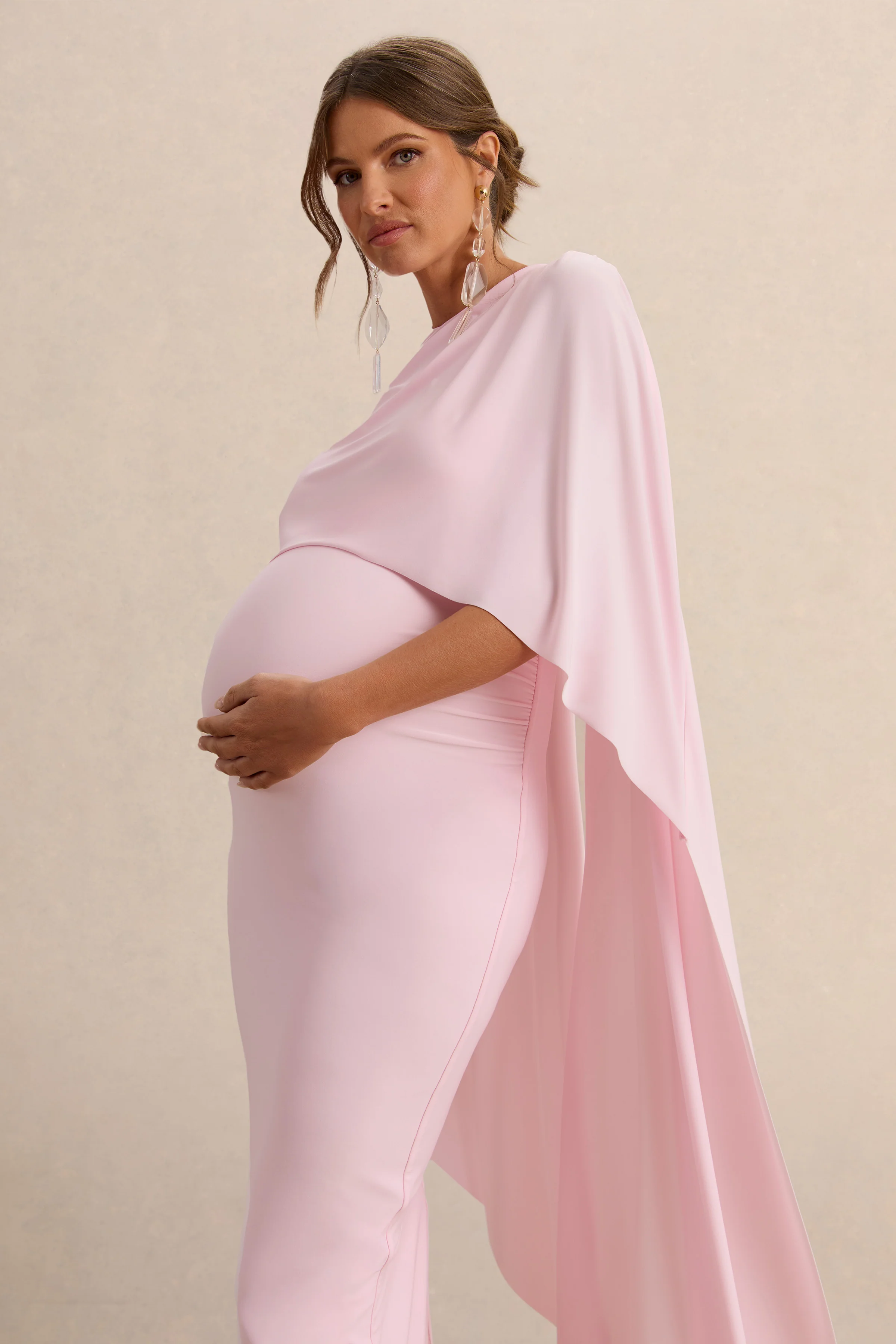 Arwen | Light Pink Round-Neck Maternity Midi Dress With Cape Detail - Image 3