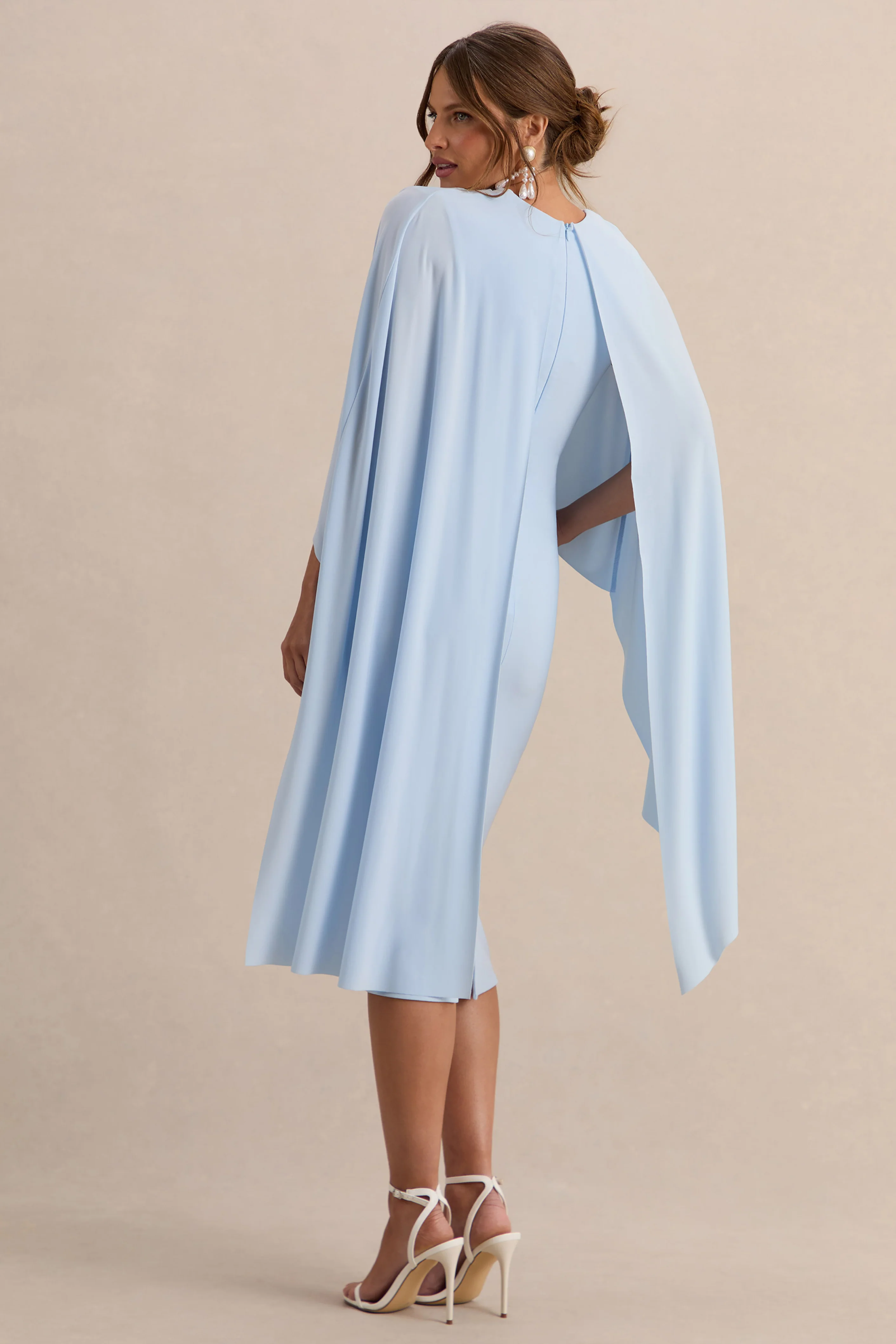 Arwen | Powder Blue Round-Neck Maternity Midi Dress With Cape Detail - Image 2