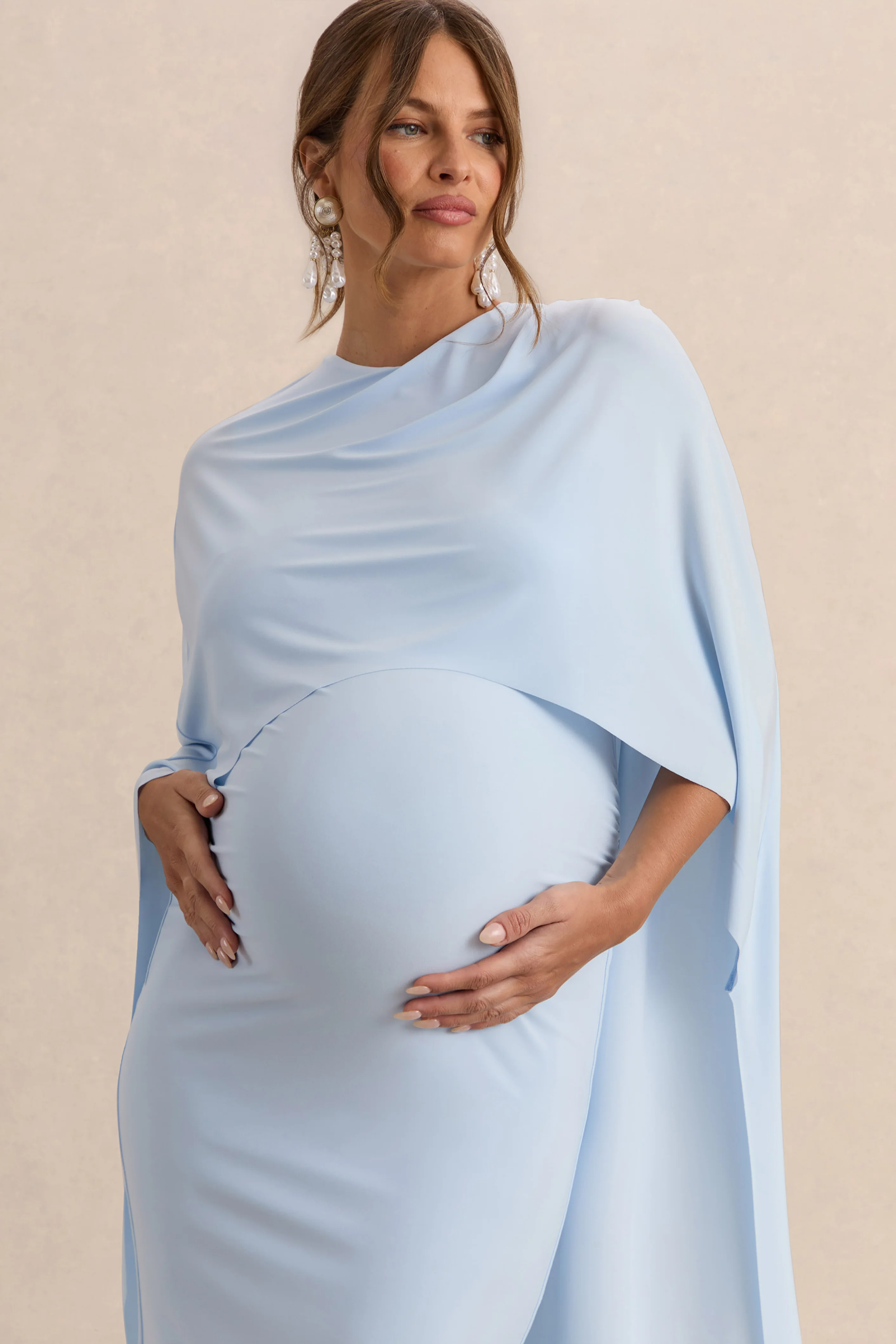Arwen | Powder Blue Round-Neck Maternity Midi Dress With Cape Detail - Image 3