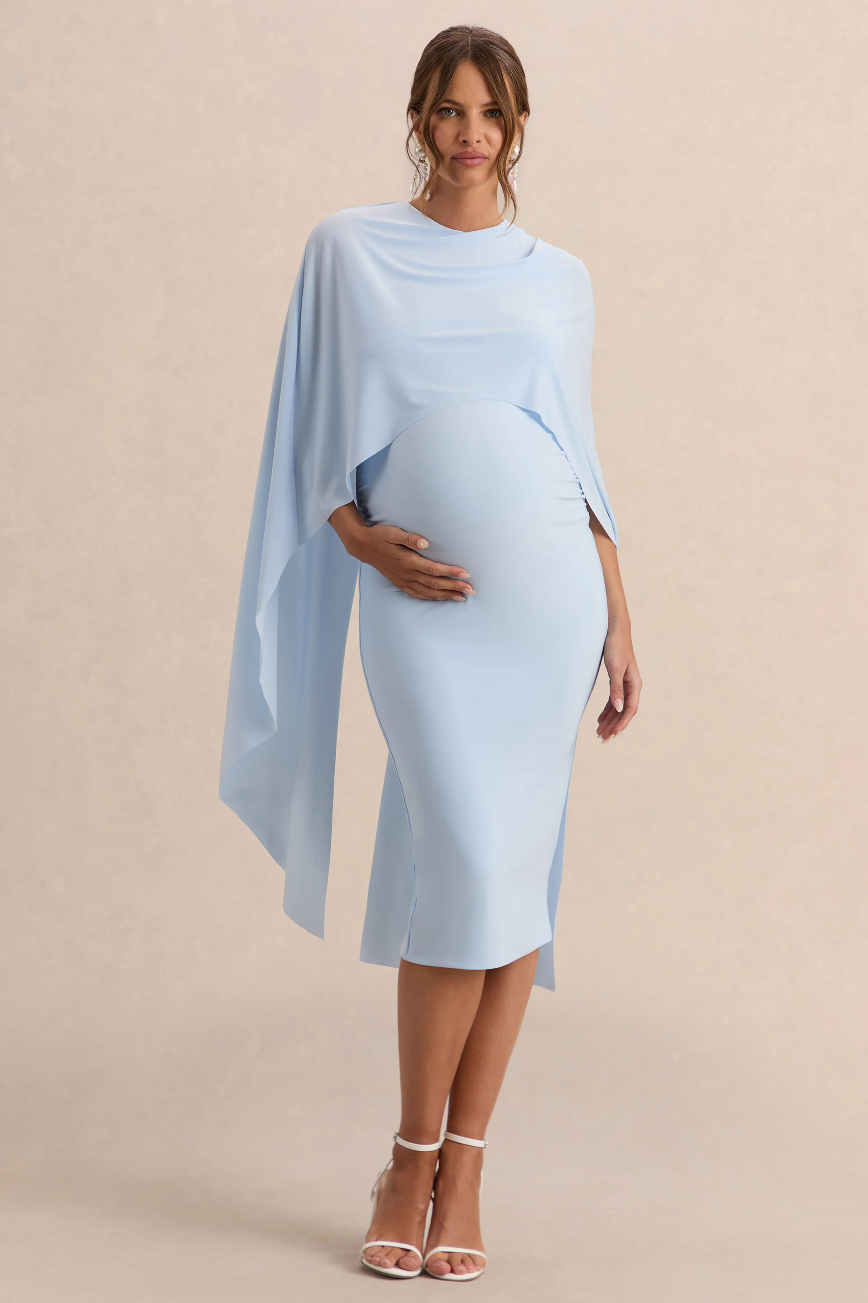 Arwen | Powder Blue Round-Neck Maternity Midi Dress With Cape Detail - Image 4