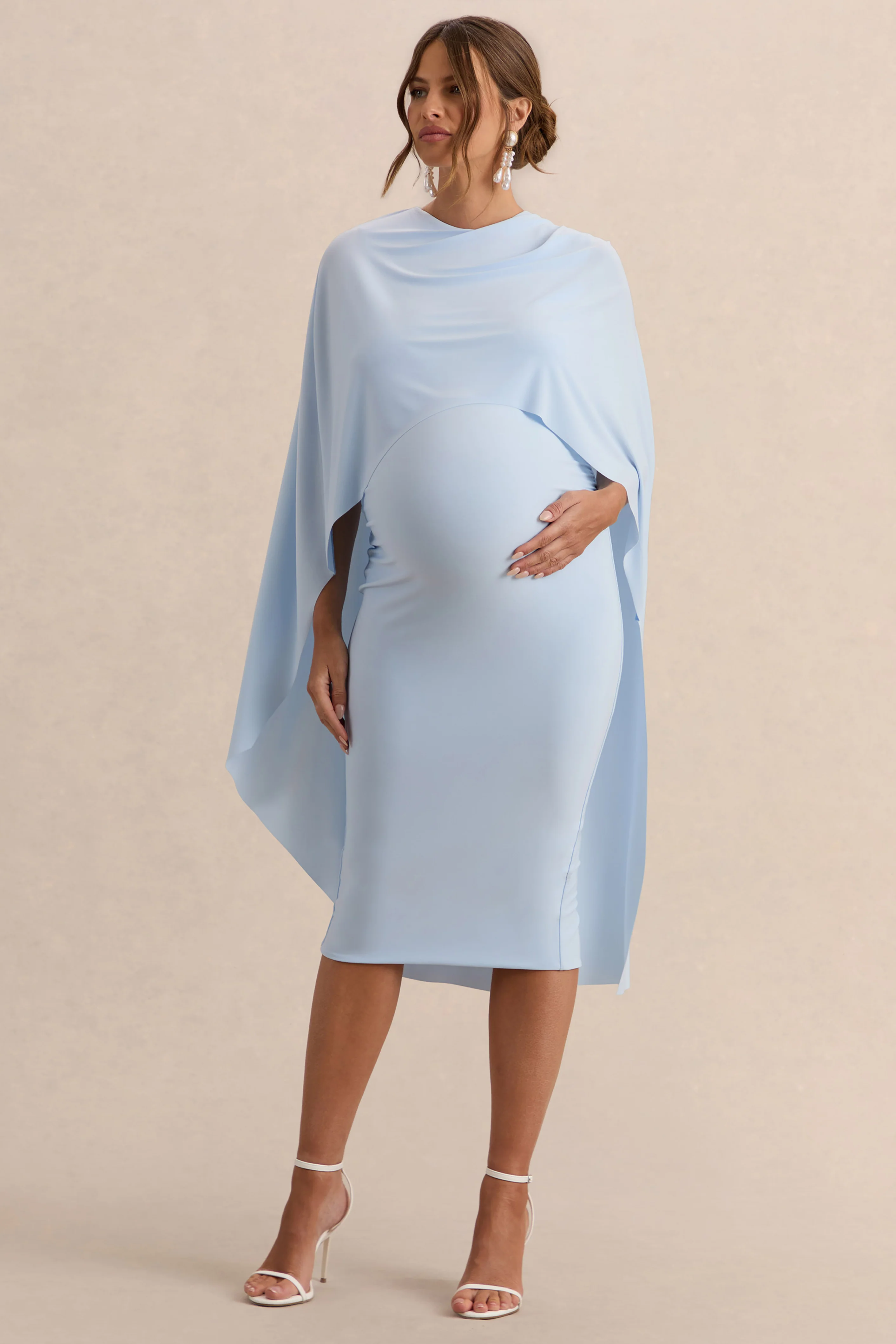 Arwen | Powder Blue Round-Neck Maternity Midi Dress With Cape Detail - Image 5