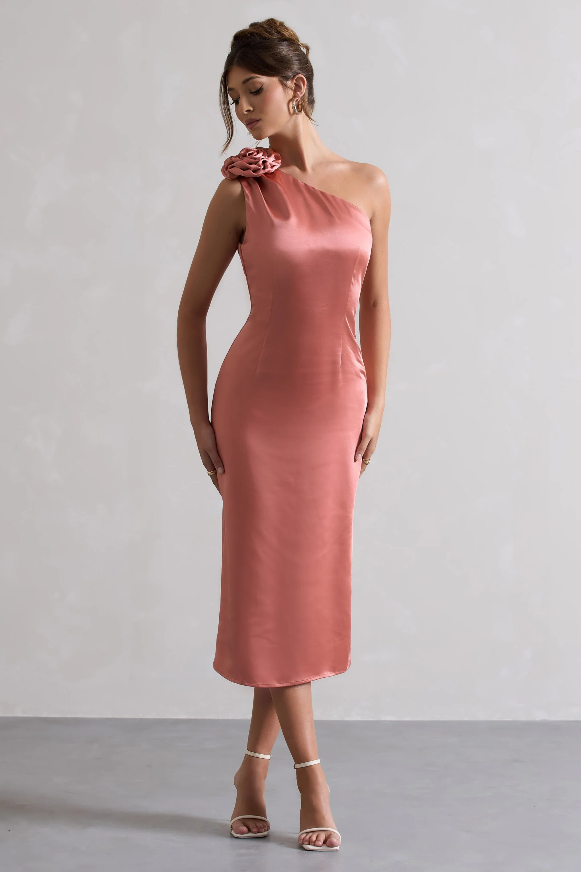 Ascot | Coral Satin One Shoulder Midi Dress With Corsage - Image 5