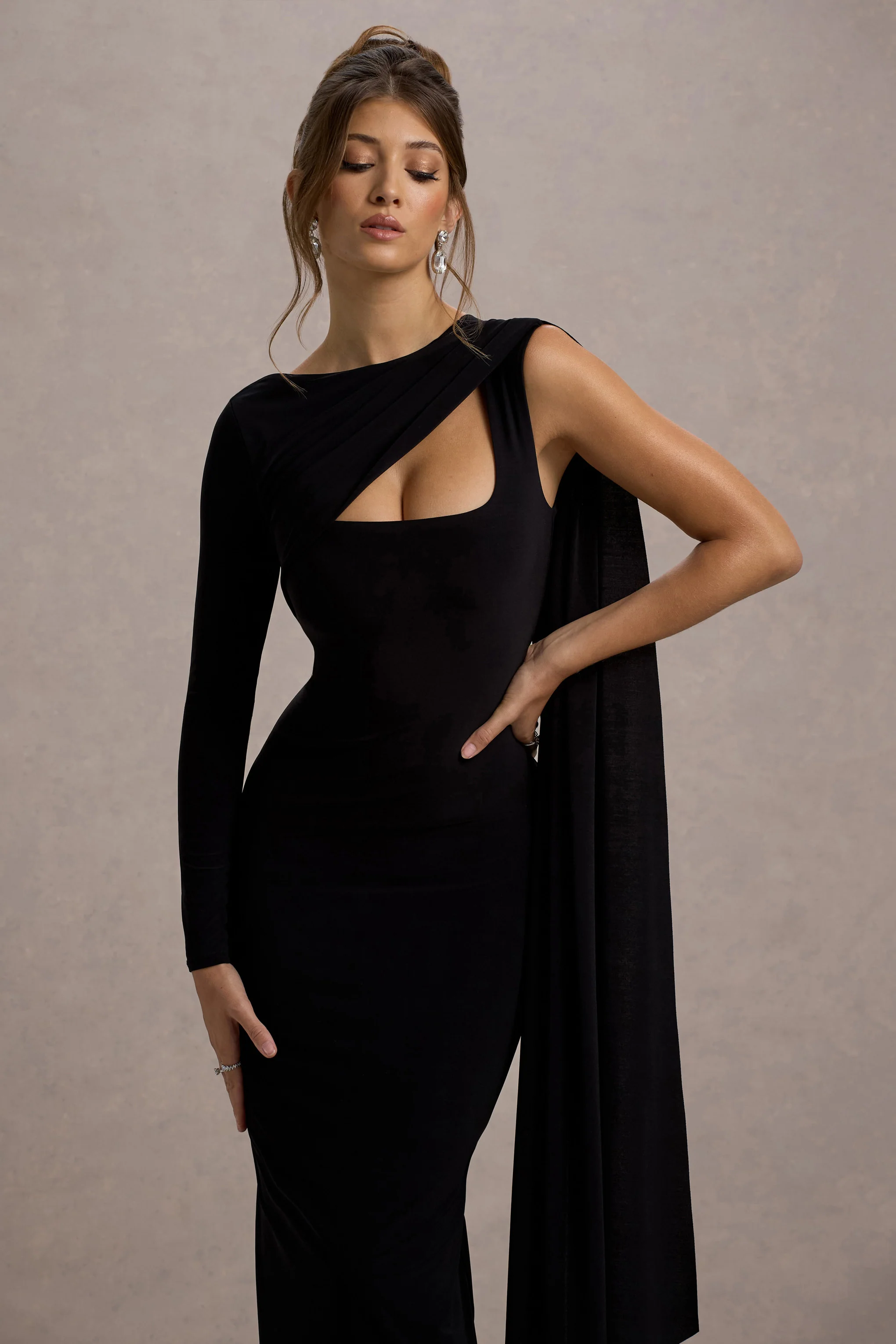 Ashini | Black One-Sleeve Maxi Dress With Cape - Image 3