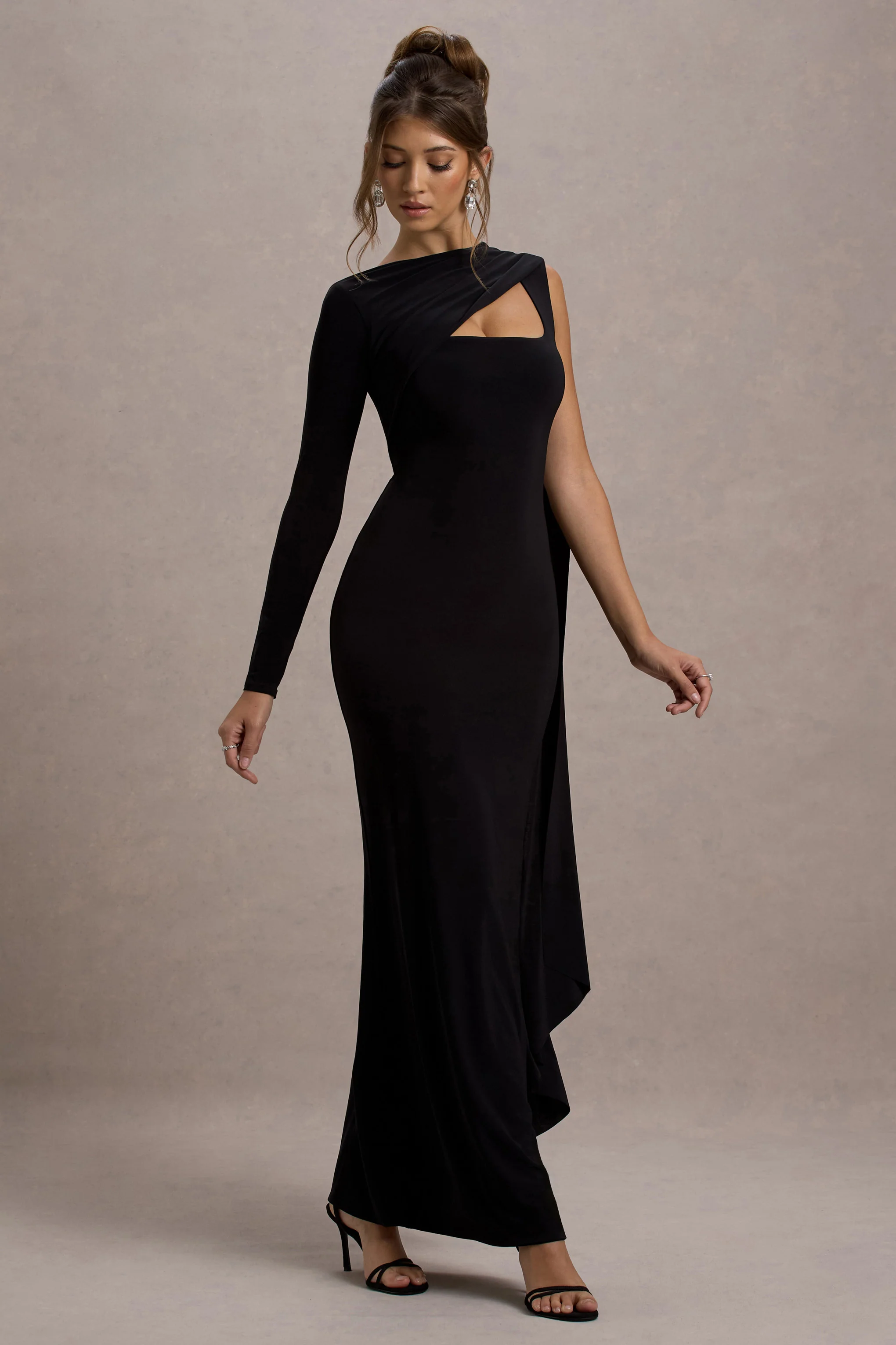 Ashini | Black One-Sleeve Maxi Dress With Cape - Image 5