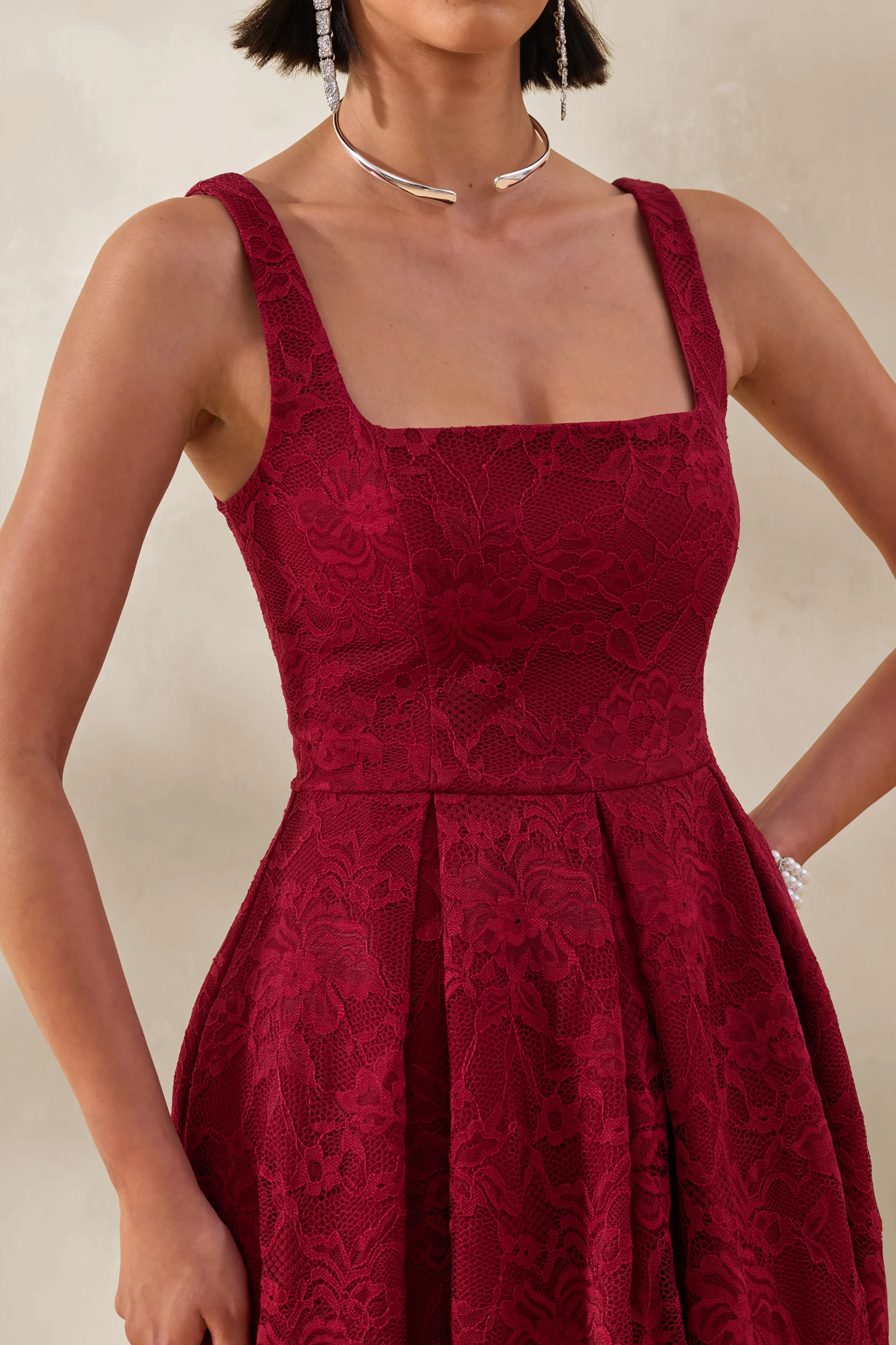 Ashmara | Burgundy Lace Square-Neck Midi Dress - Image 3
