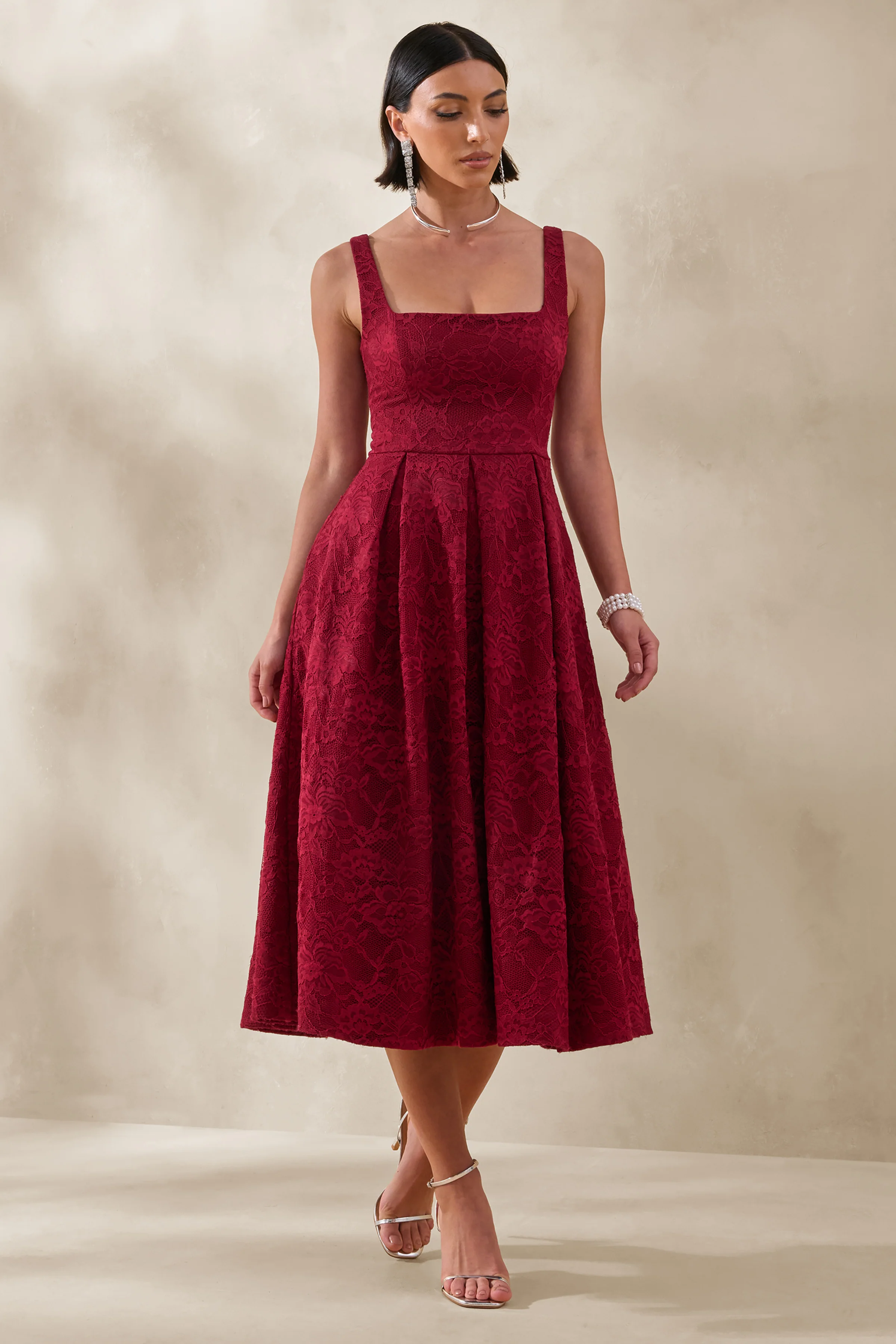 Ashmara | Burgundy Lace Square-Neck Midi Dress - Image 4