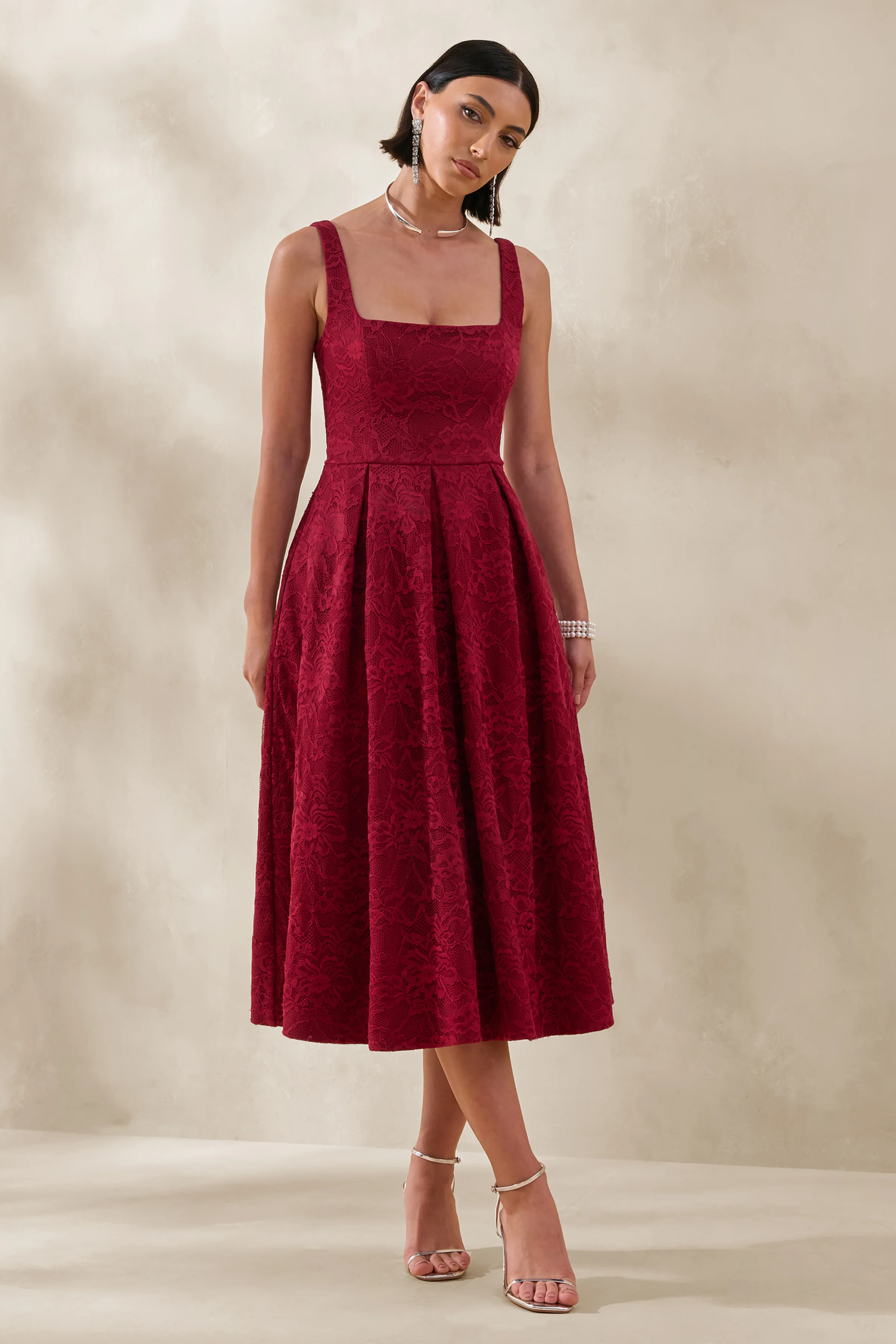 Ashmara | Burgundy Lace Square-Neck Midi Dress - Image 5