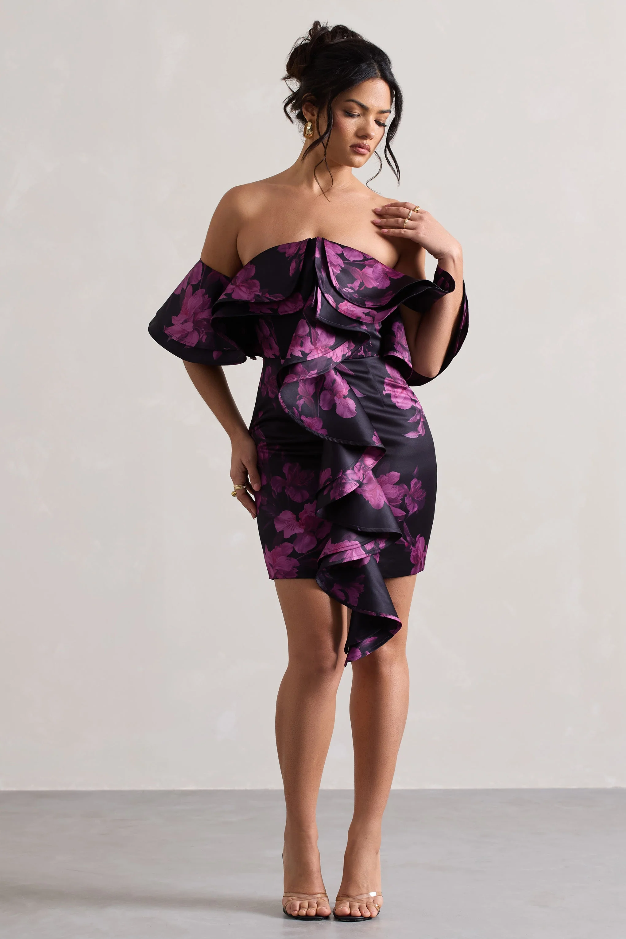 Aspen | Black Floral Print Bardot Mini Dress With Ruffles - Image 5