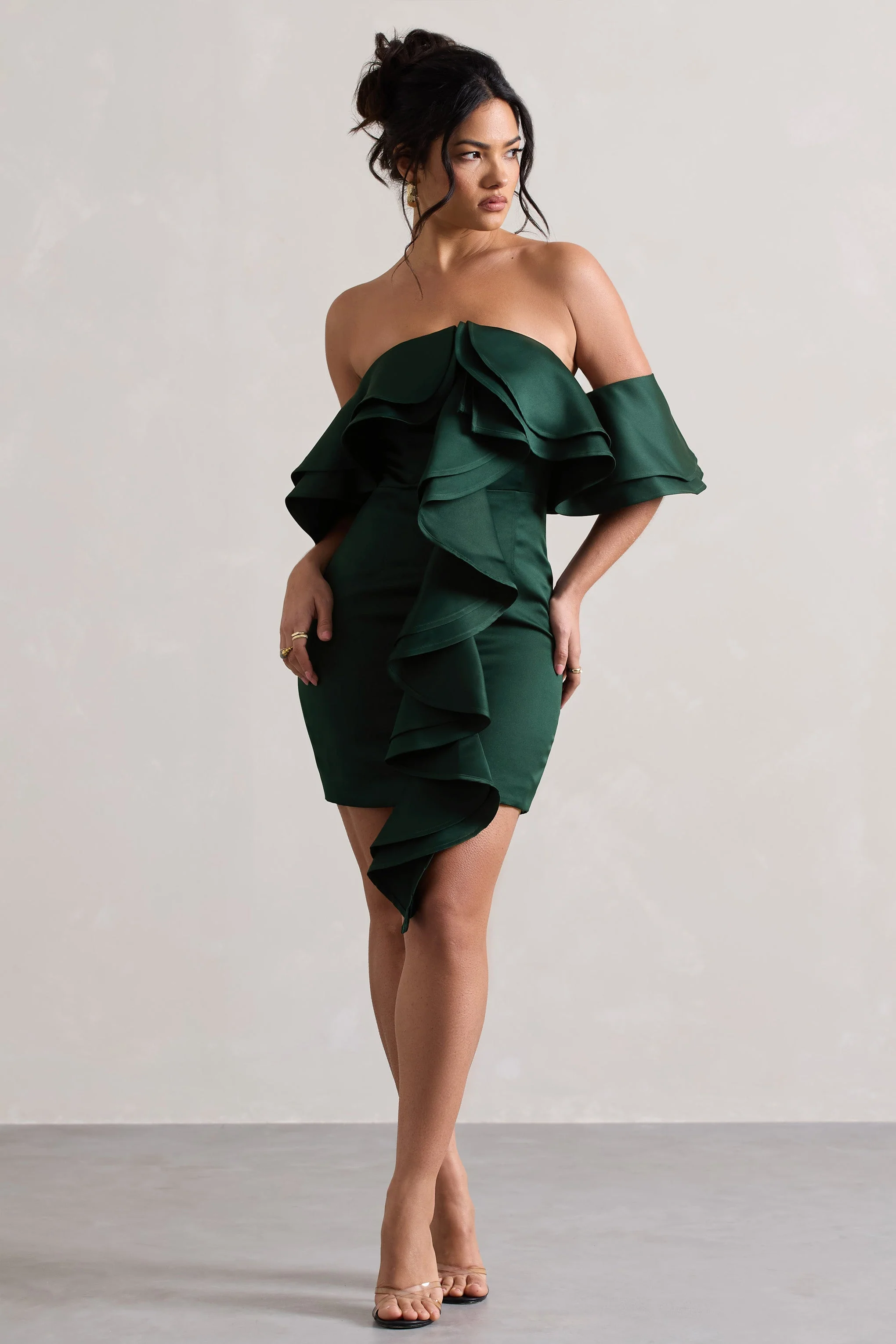 Aspen | Bottle Green Bardot Mini Dress With Ruffles - Image 5