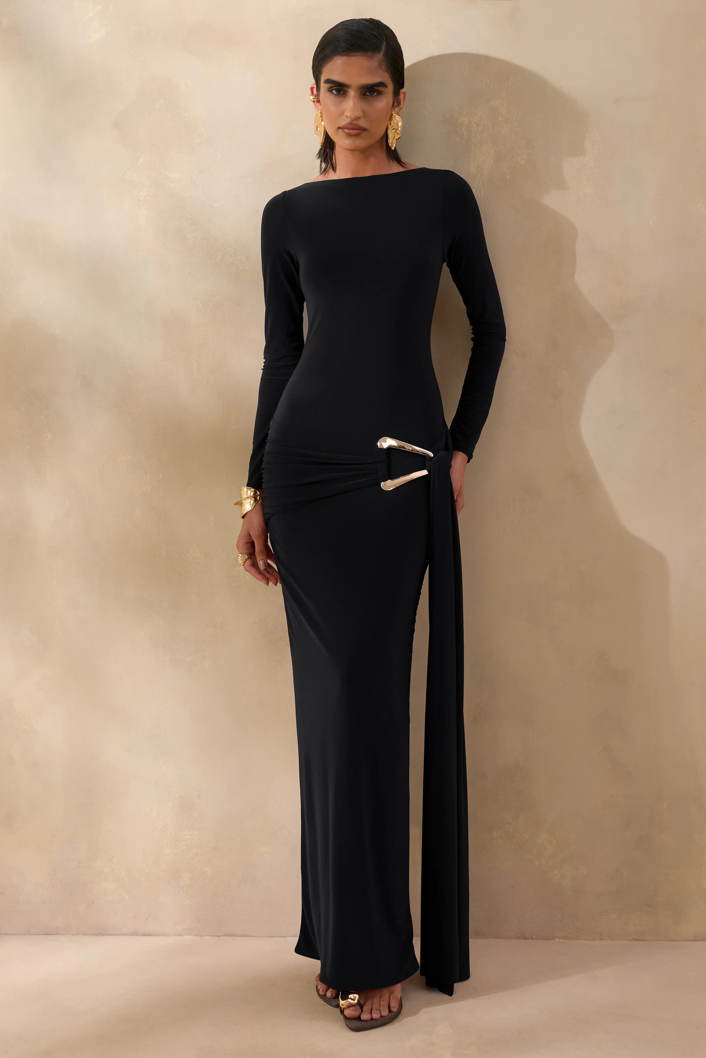 Astrielle | Black Wide-Neck With Gold-Detail And Sash - Image 4