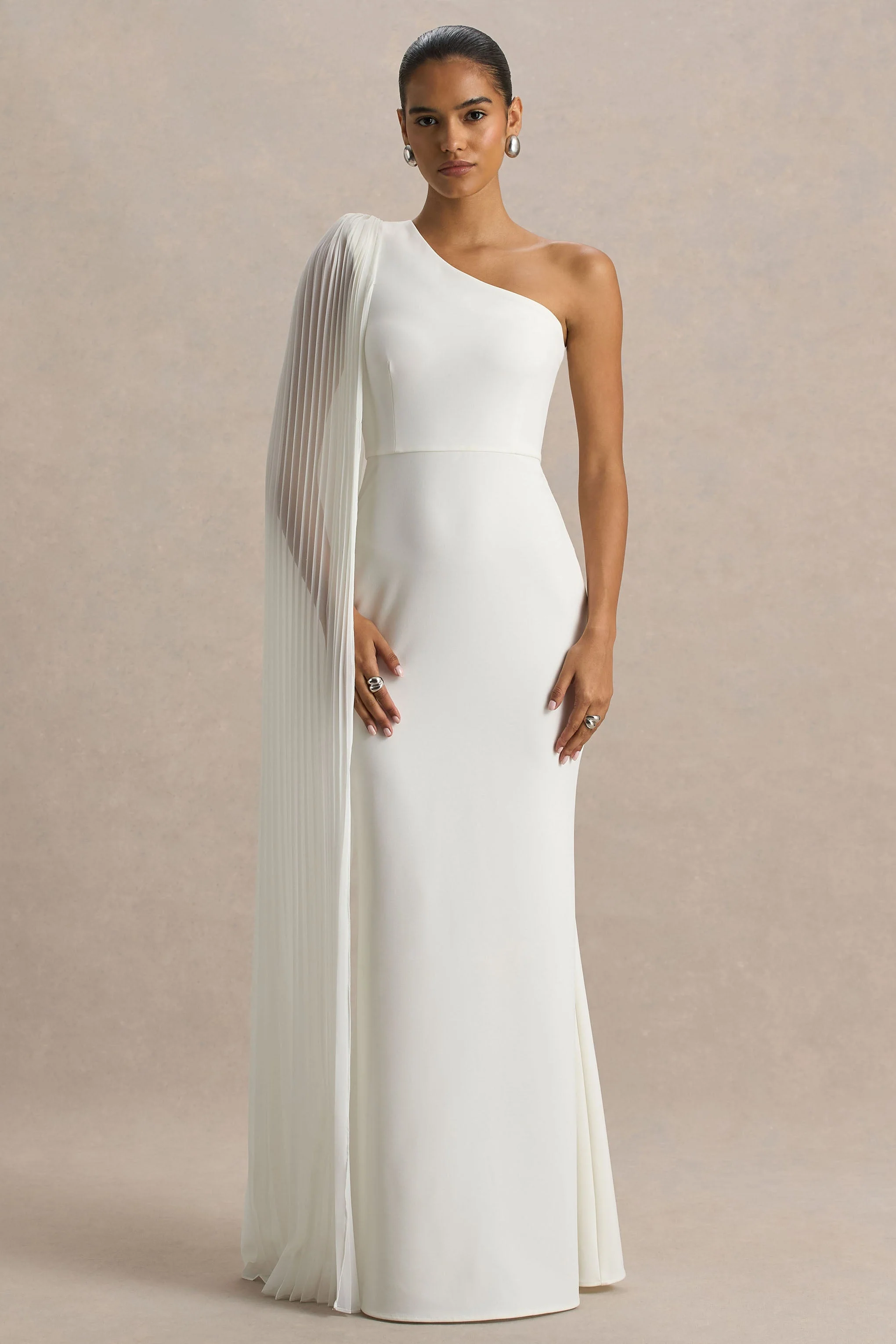 Athens | White Asymmetric-Neck Maxi Dress With Cape Sleeve Detail - Image 4
