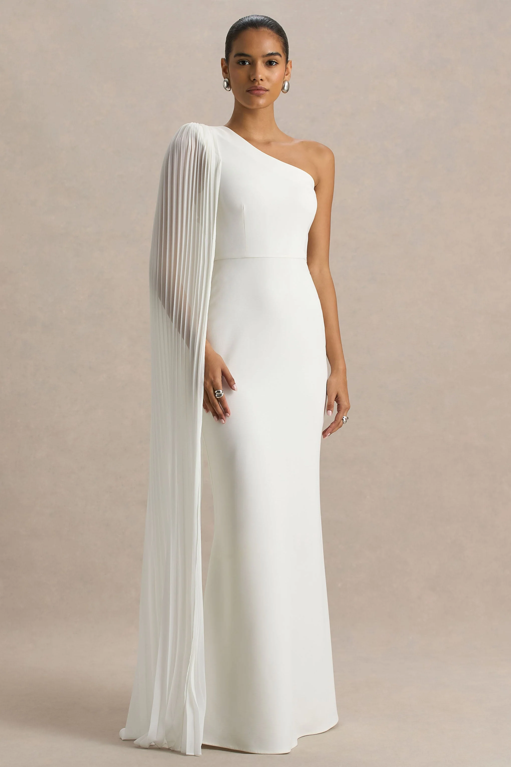 Athens | White Asymmetric-Neck Maxi Dress With Cape Sleeve Detail - Image 5