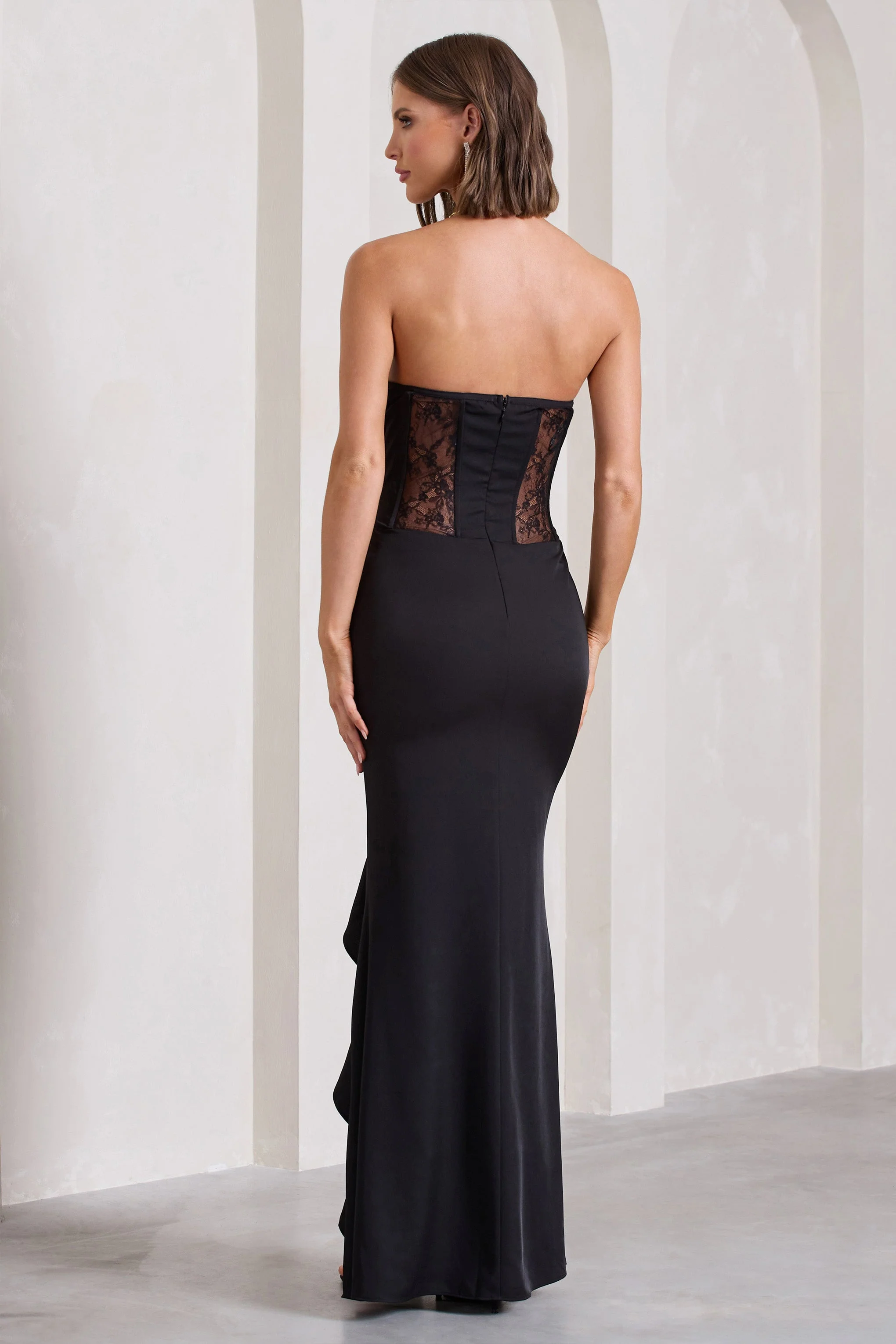 Attention Please | Black Strapless Lace Panelled Corset Split Maxi Dress - Image 2