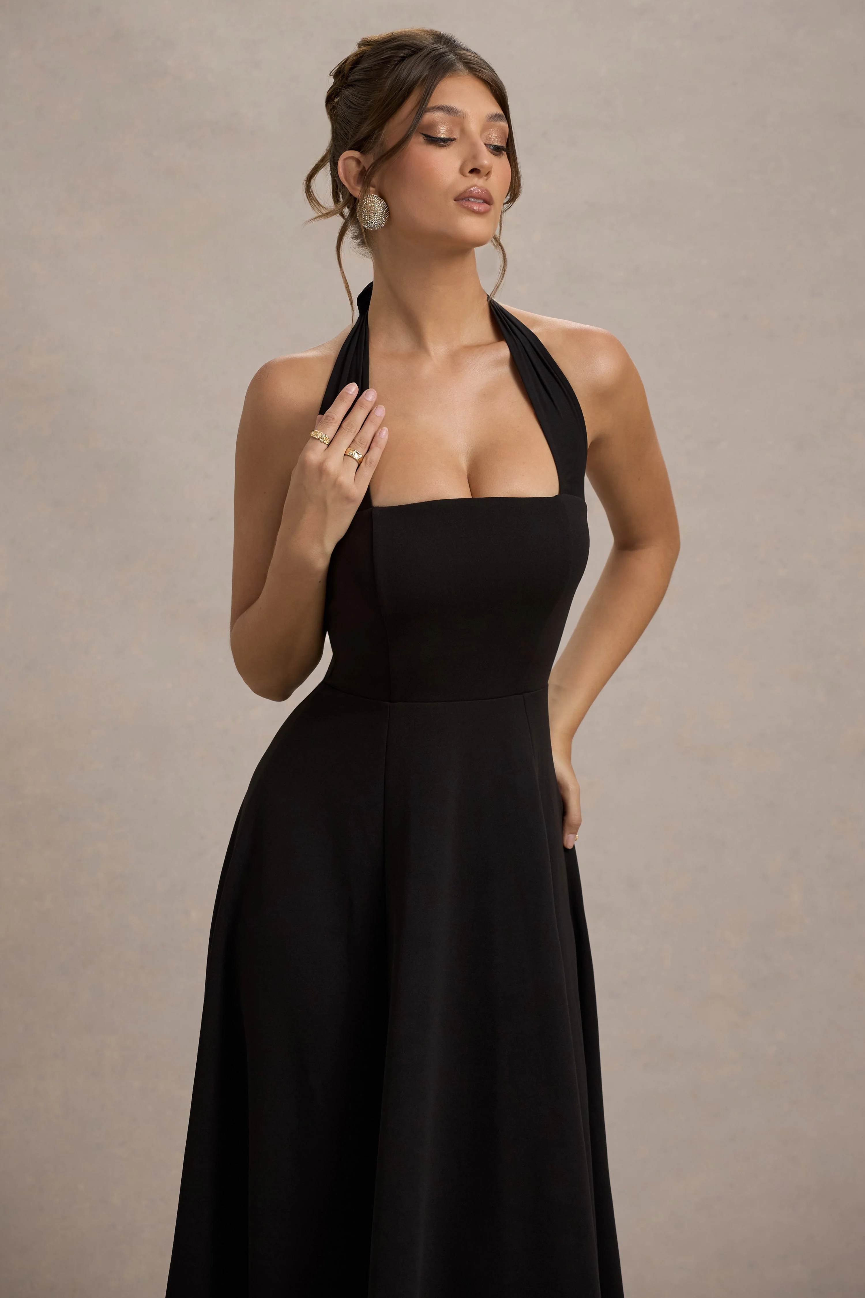 Auburn | Black Halter Skater Midi Dress - Image 3