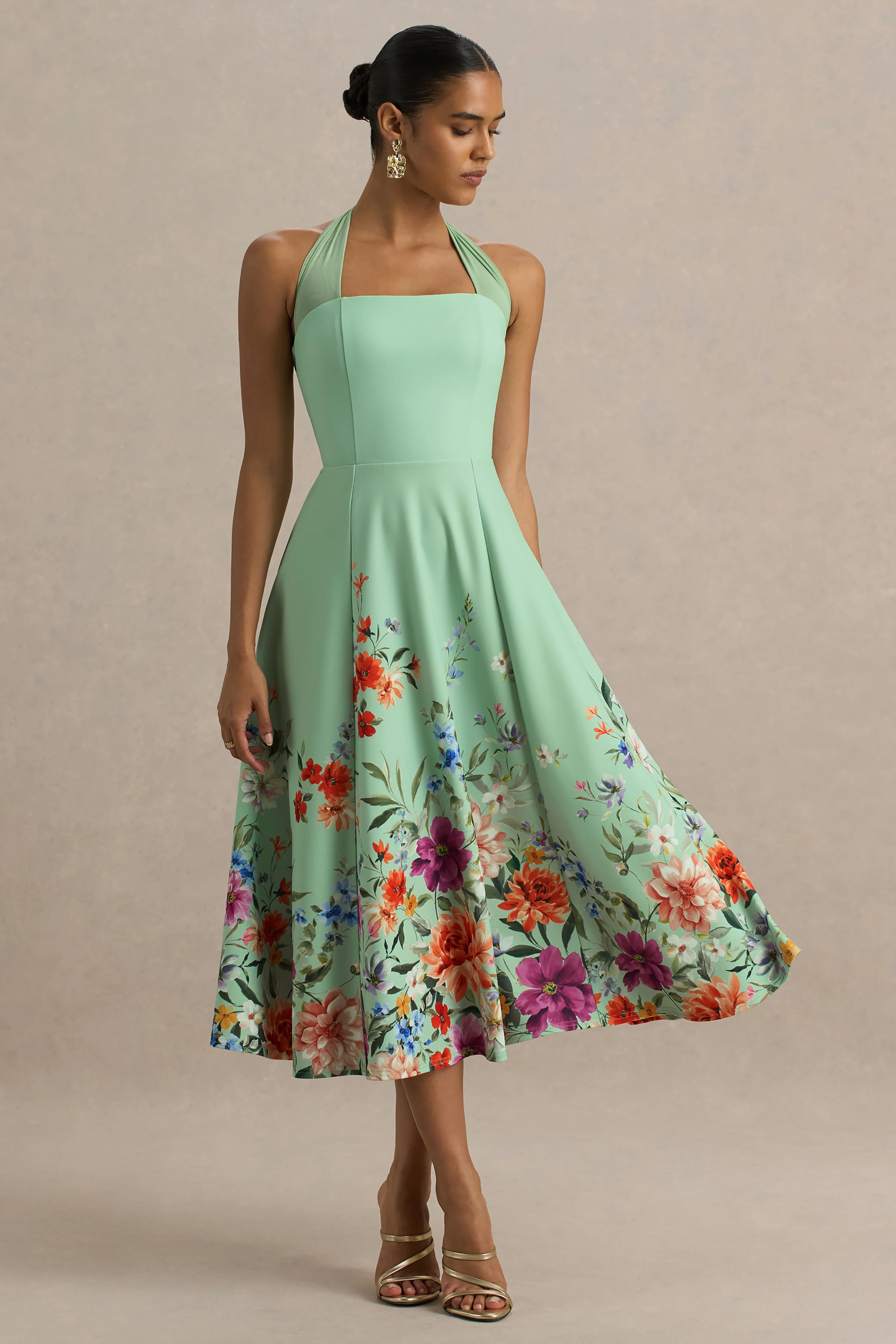 Auburn | Mint Placement Floral Halter-Neck Midi Dress - Image 5