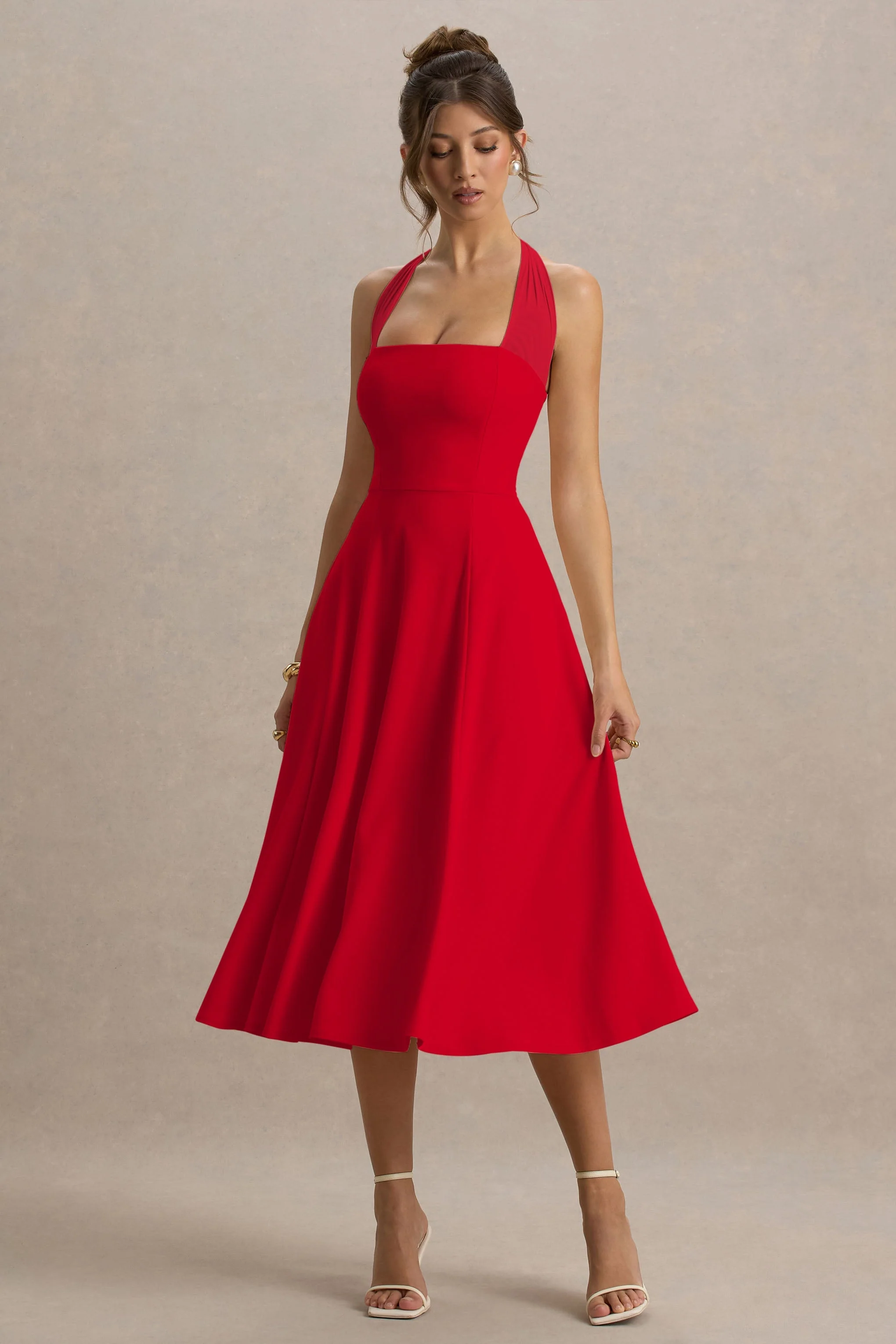 Auburn | Red Halter Skater Midi Dress - Image 5
