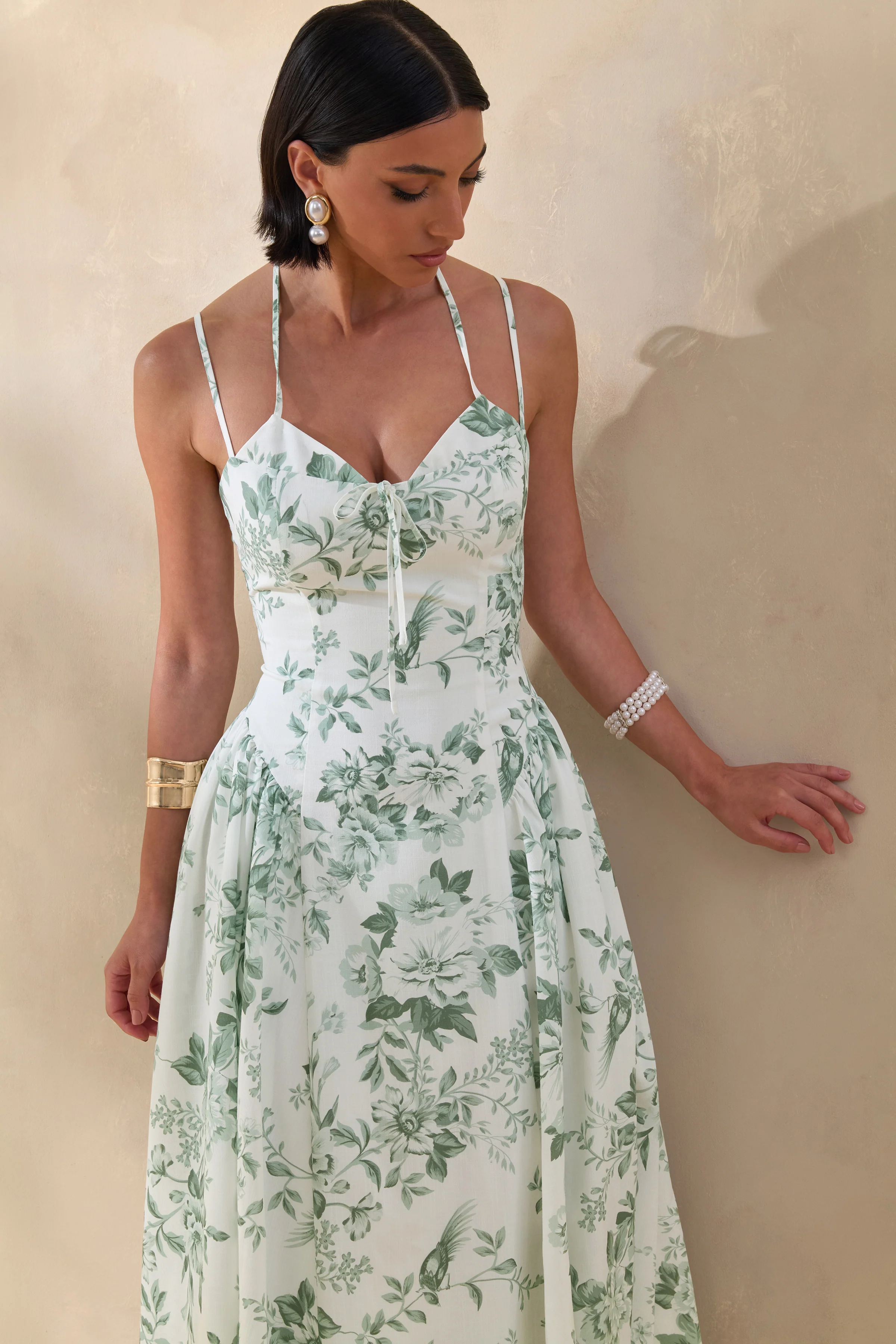 Audrey | Green Floral Print Sweetheart-Neck Midi Dress With Ruching Detail - Image 6